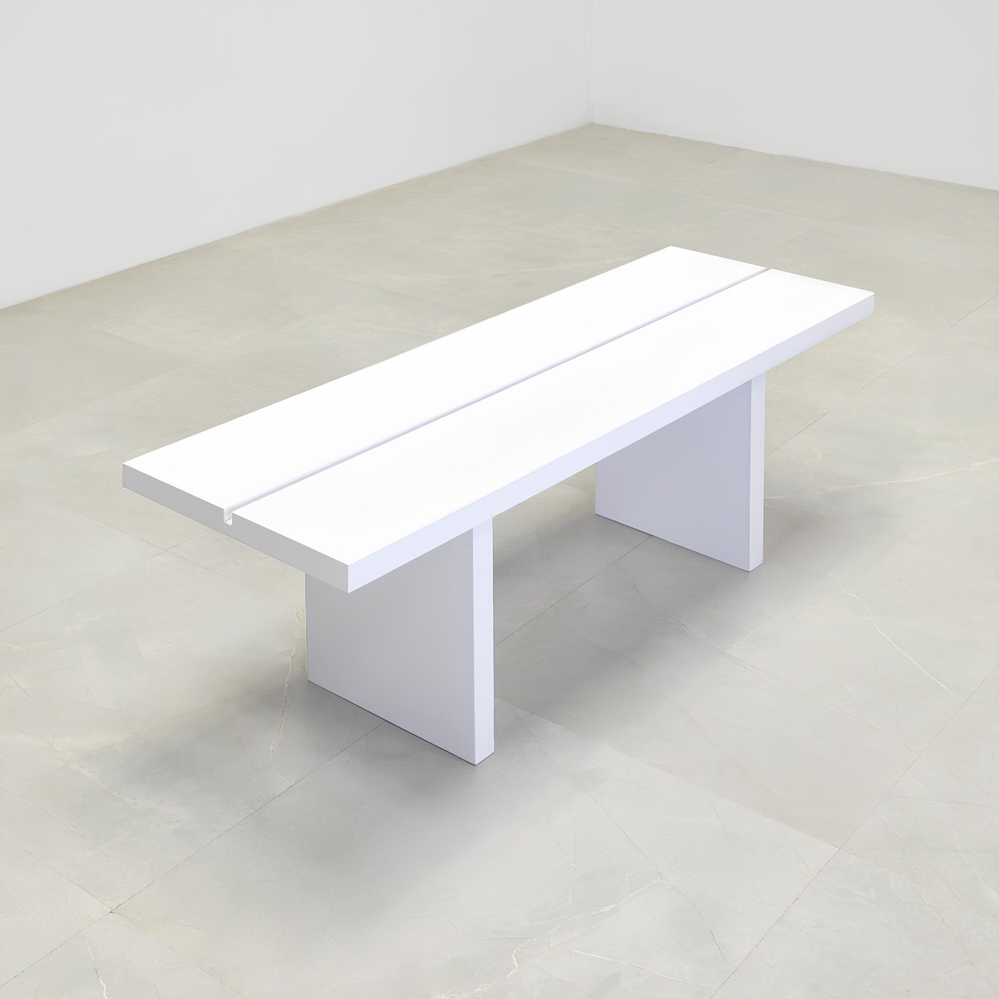 Astoria Slat Bench in white gloss laminate finish shown here.