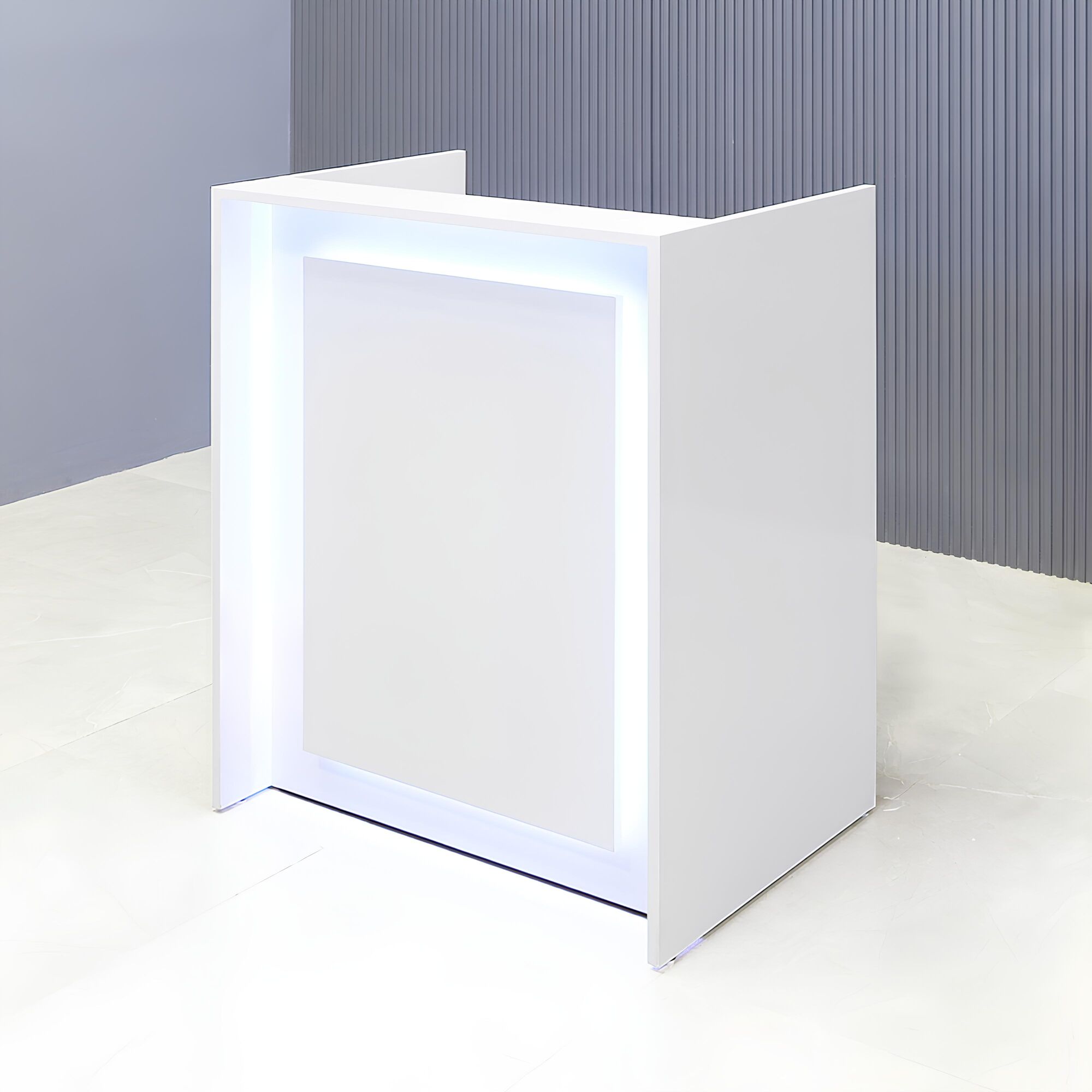 32-inch New York U-Shape Podium & Host Custom Desk in white gloss laminate main desk, front panel & accent recessed, and color changing LED.