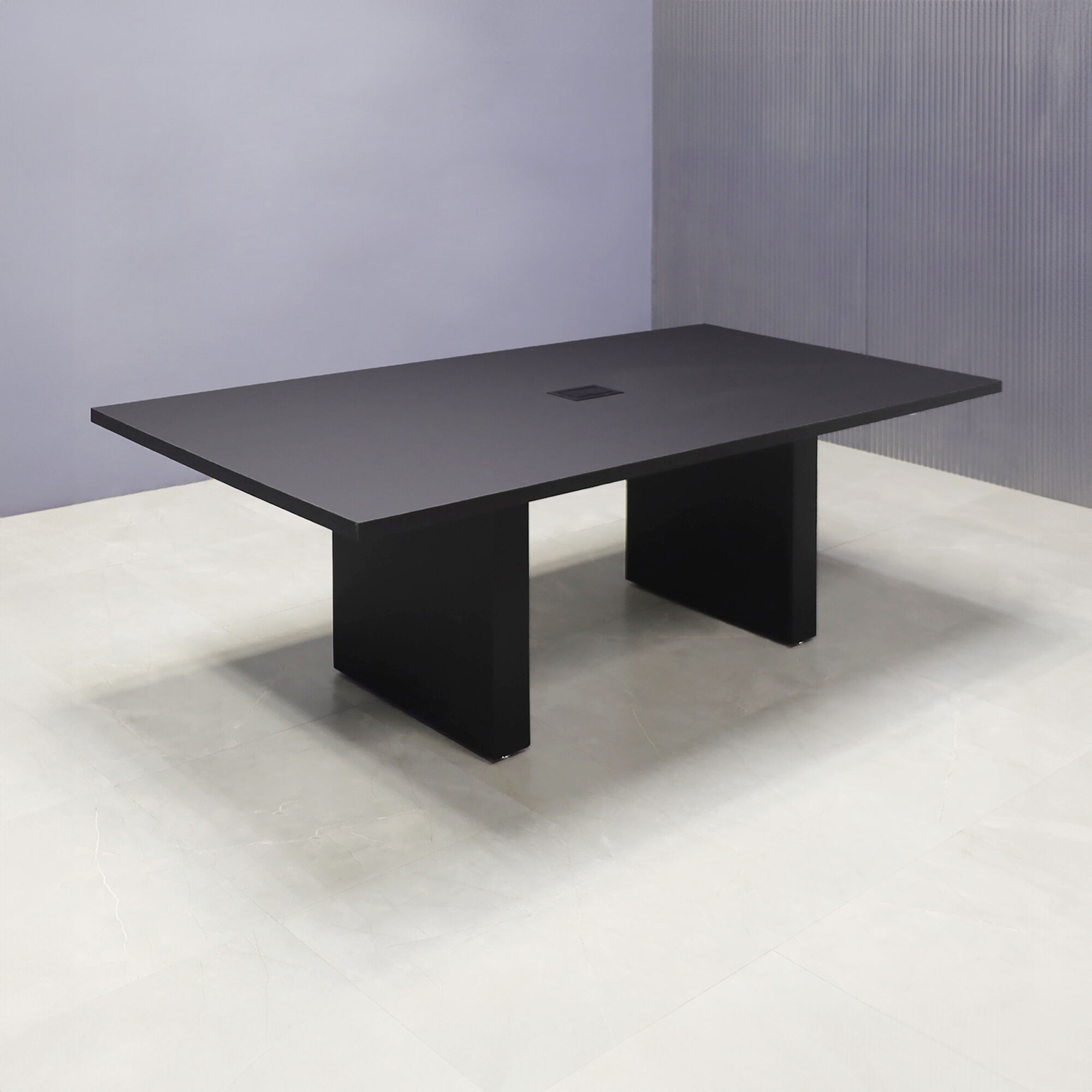 Newton Rectangular Conference Table with black matte top, black matte standard base and black power box.