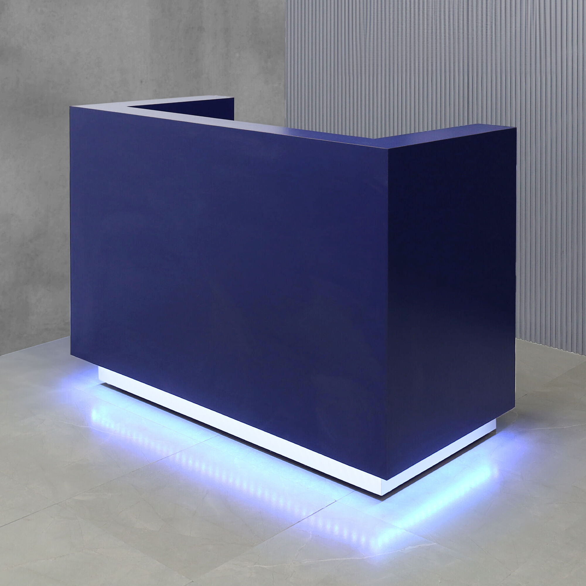 60-inch Dallas U-Shape Custom Reception Desk in navy blue matte laminate main desk, brushed aluminum toe-kick, and color changing LED.