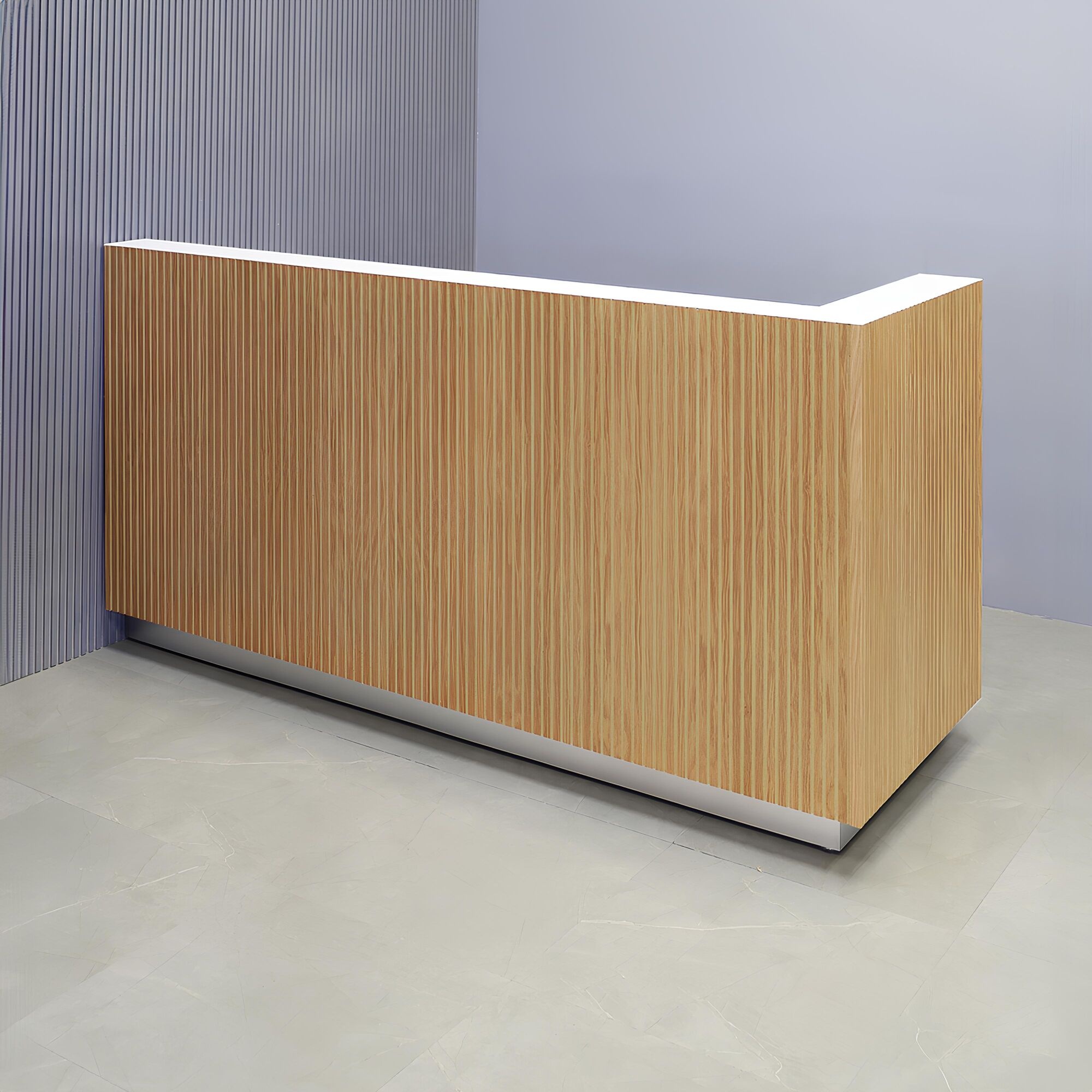 84-inch Dallas L-Shape Custom Reception Desk, right side l-panel when facing front in white oak tambour main desk, and white matte laminate workspace, with brushed aluminum toe-kick, shown here.