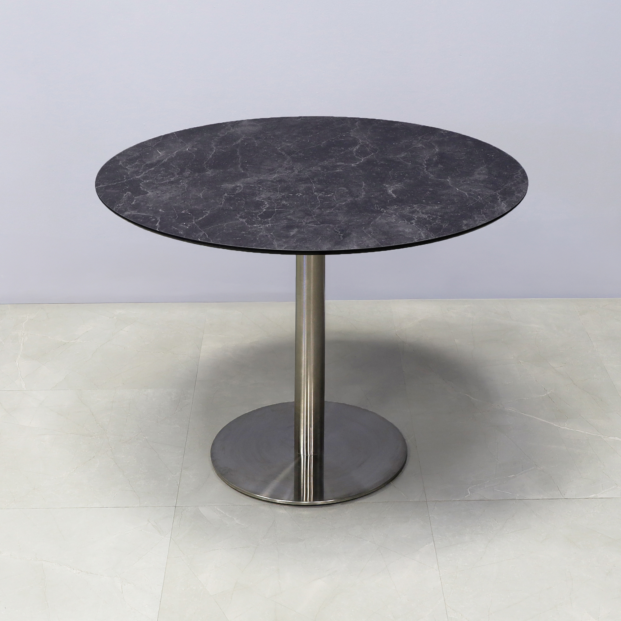 30-inch Aurora Conference Table with X1 Base with black amani engineered stone top and aluminum stainless steel base.