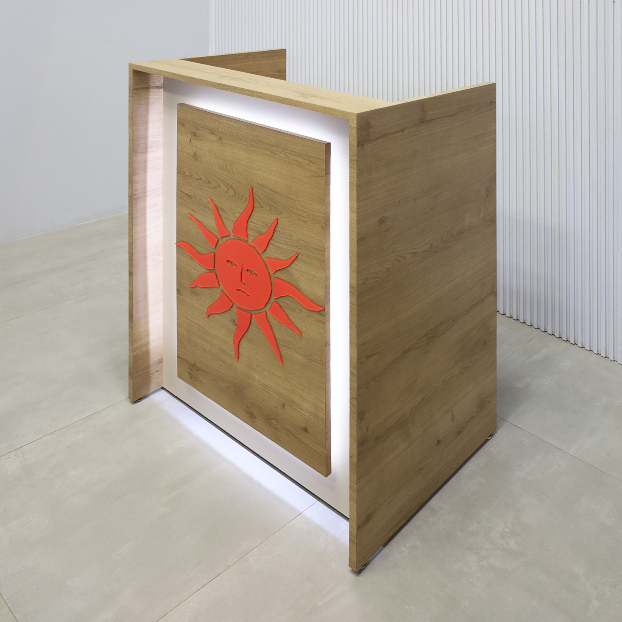 30-inch New York U-Shape Podium & Host Custom Desk with Planked Urban Oak matte laminate desk, Planked Urban Oak Matte Laminate front panel, Taupe Matte PVC accent panel, and White LED.