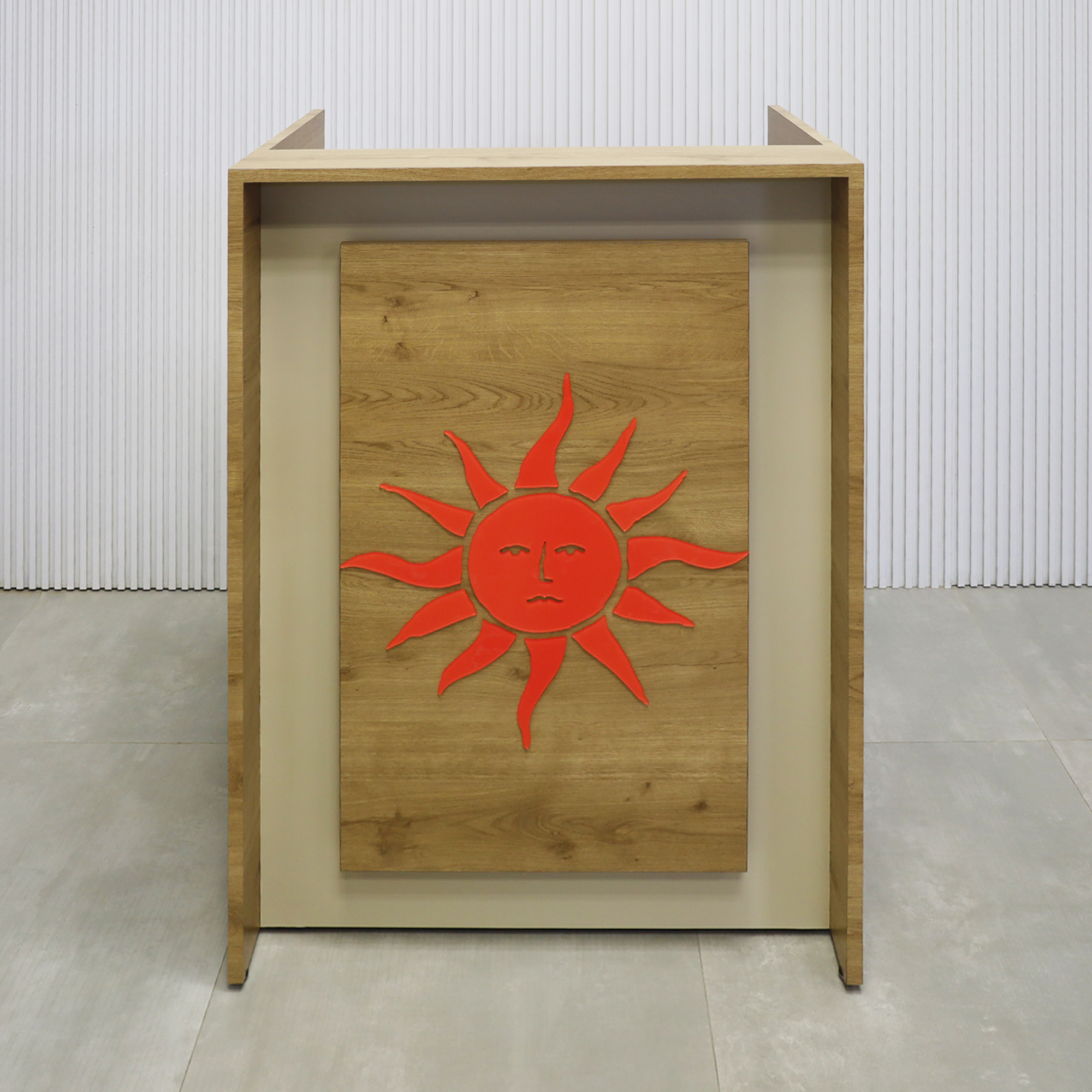 30-inch New York U-Shape Podium & Host Custom Desk with Planked Urban Oak matte laminate desk, Planked Urban Oak Matte Laminate front panel, Taupe Matte PVC accent panel, and White LED.