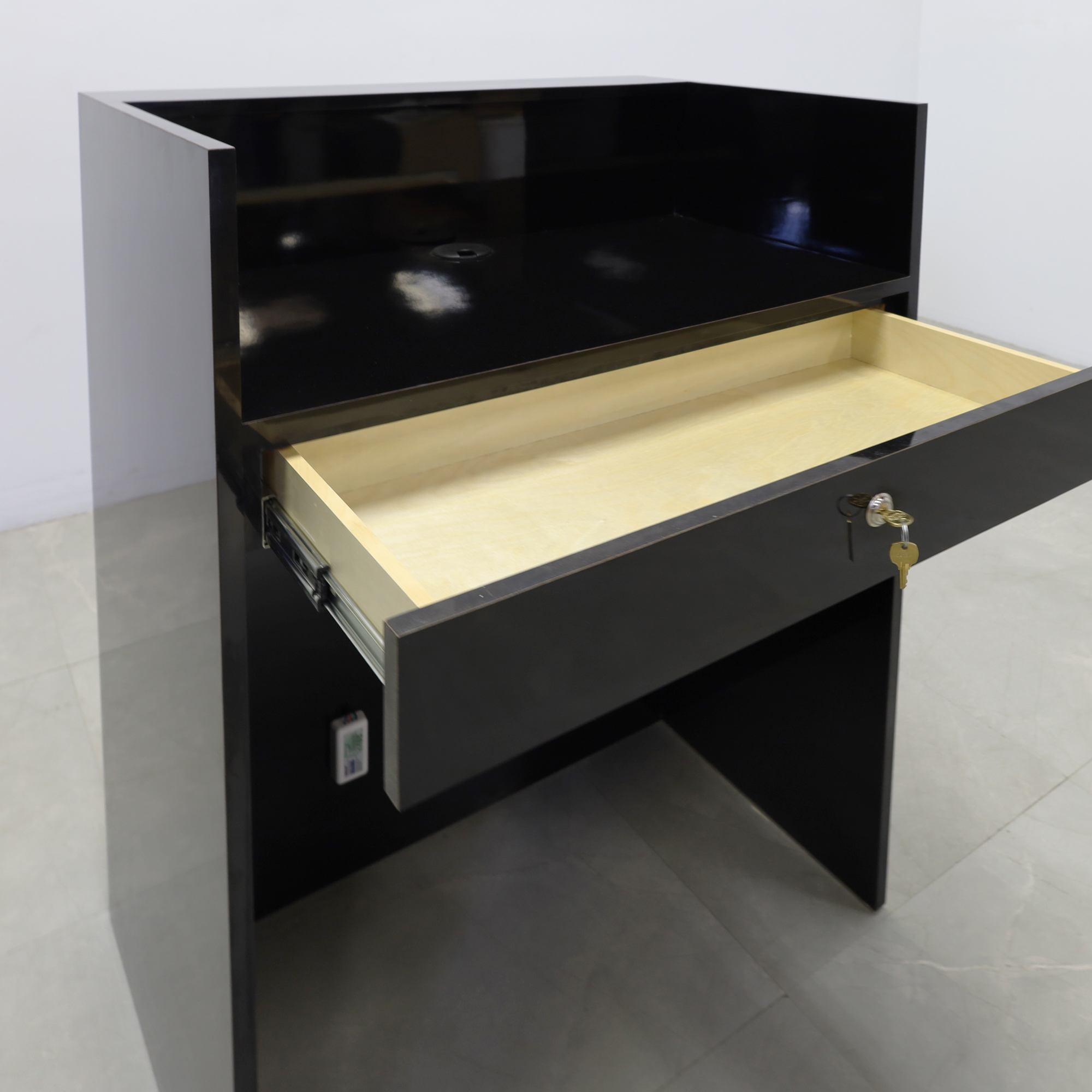 32-inch New York U-Shape Podium & Host Custom Desk with Black Gloss desk, and Color LED.