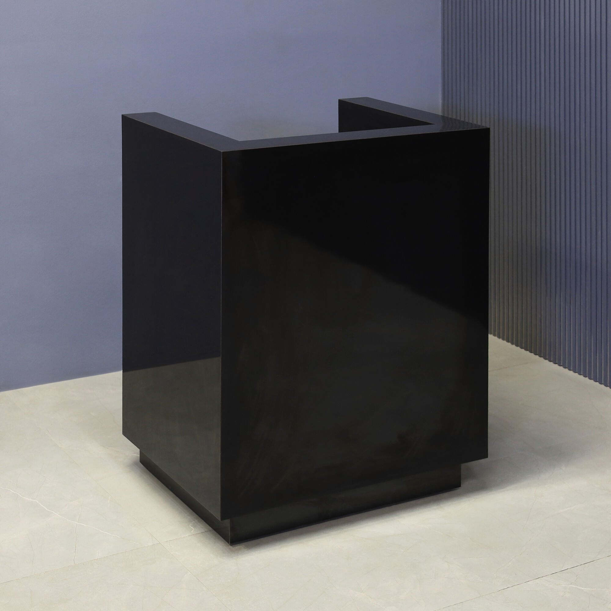 32-inch Dallas U-Shape Podium & Host in black gloss laminate main desk and toe-kick.