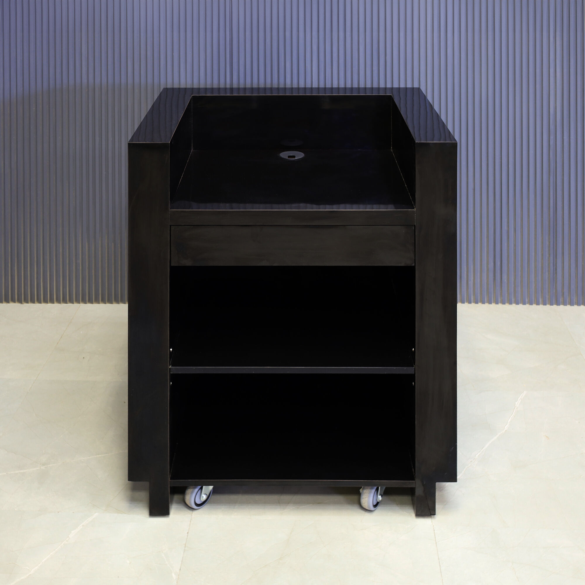 32-inch Dallas U-Shape Podium & Host in black gloss laminate main desk and toe-kick. Small drawer and adjustable shelf.