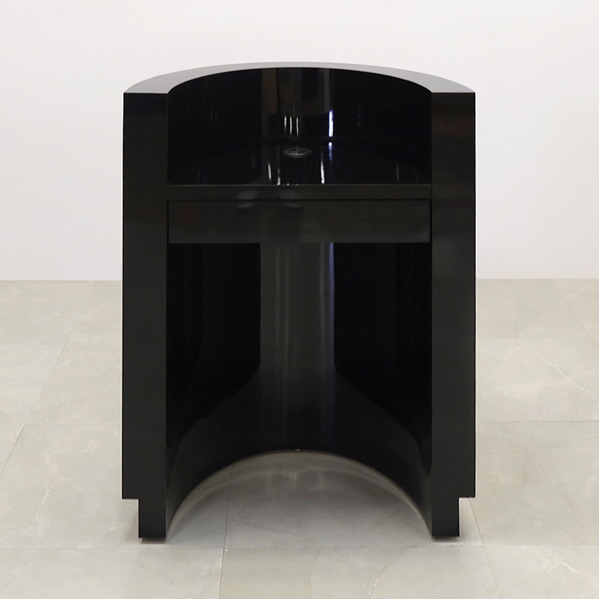 32-inch Lima Round Podium & Host Custom Desk in black gloss laminate main desk and gold aluminum toe-kick.