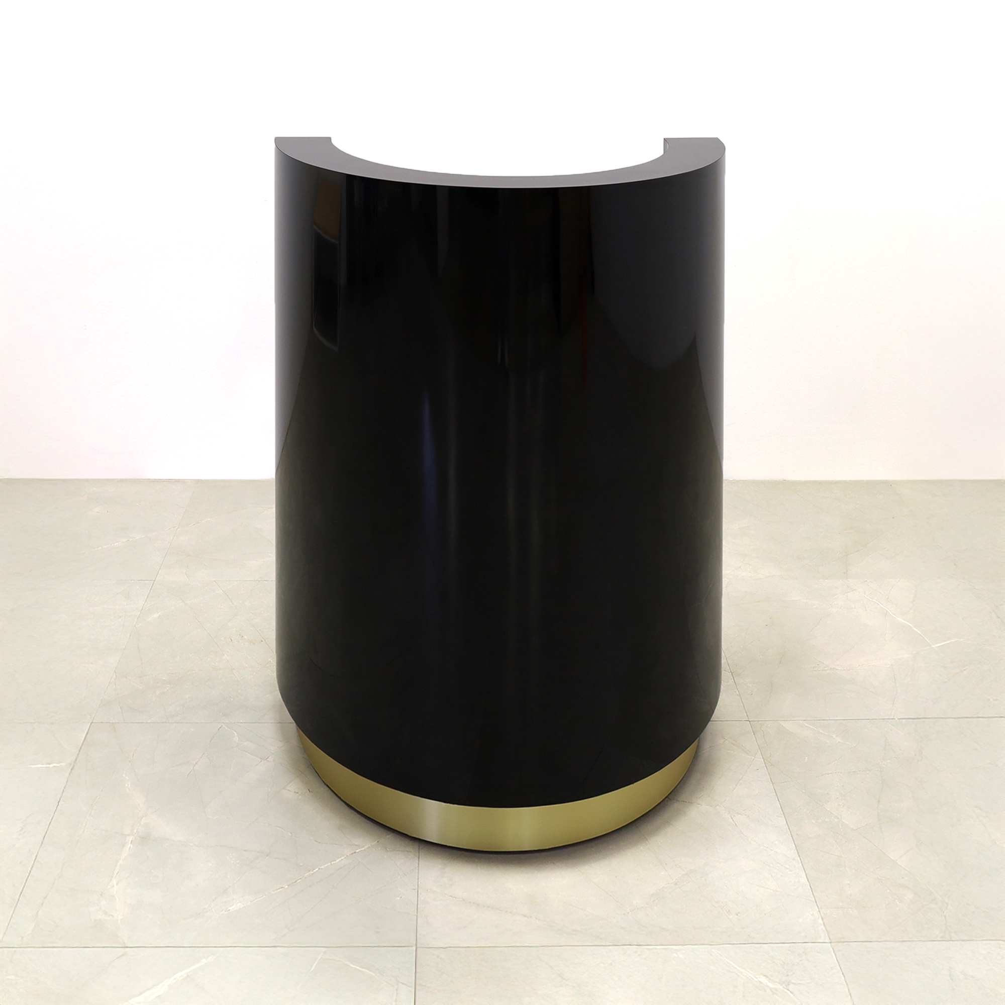 32-inch Lima Round Podium & Host Custom Desk in black gloss laminate main desk and gold aluminum toe-kick.