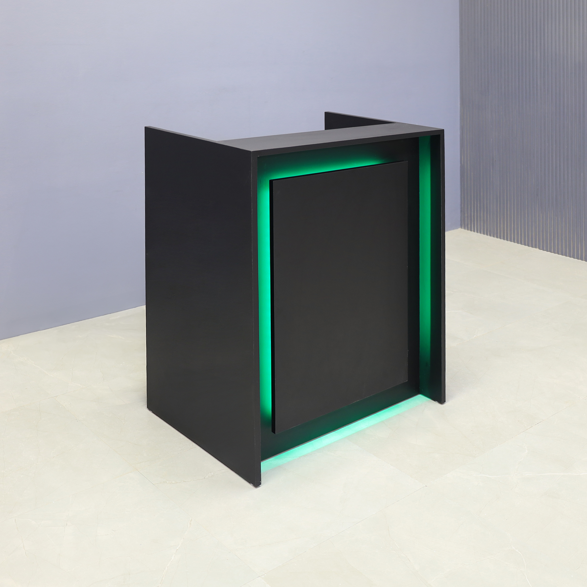 32-inch New York U-Shape Podium & Host Custom Desk in black matte laminate main desk, front panel & accent recessed.