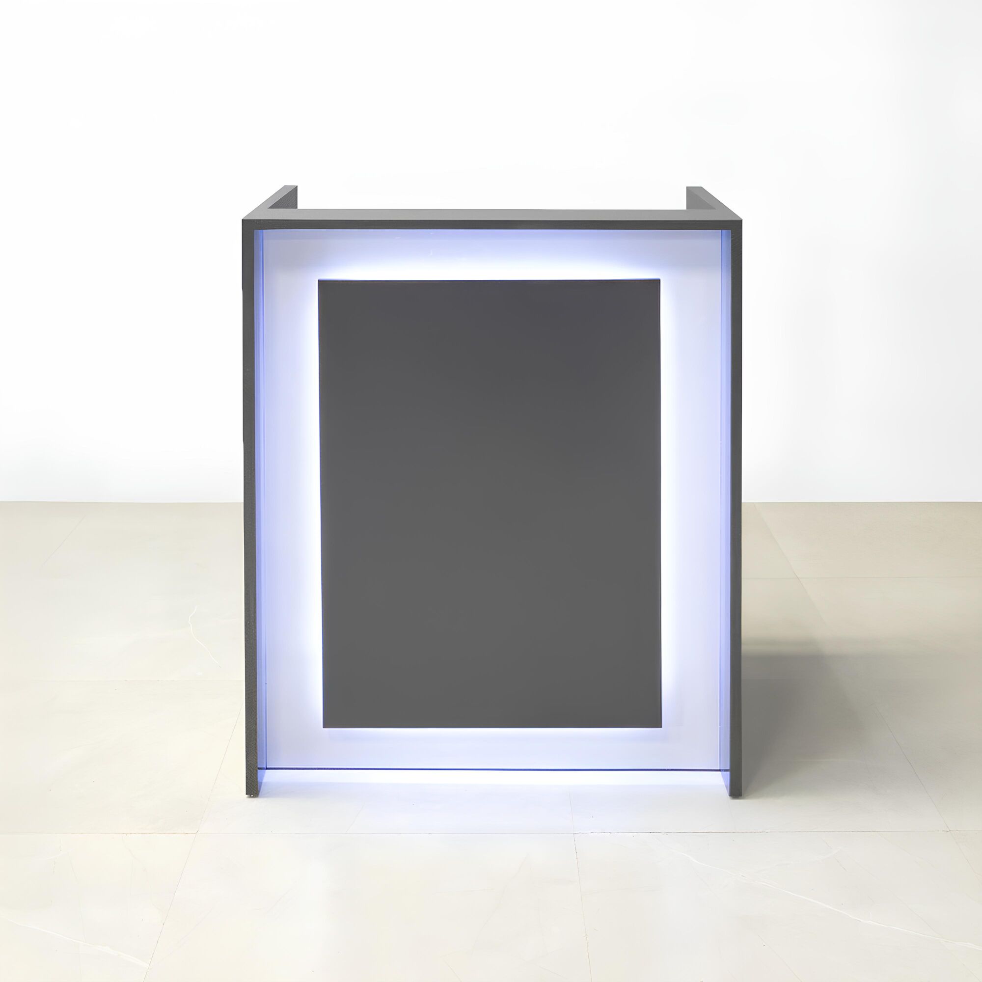 32-inch New York U-Shape Podium & Host Custom Desk in storm gray gloss laminate finish, white gloss laminate accent, and color-changing LED.