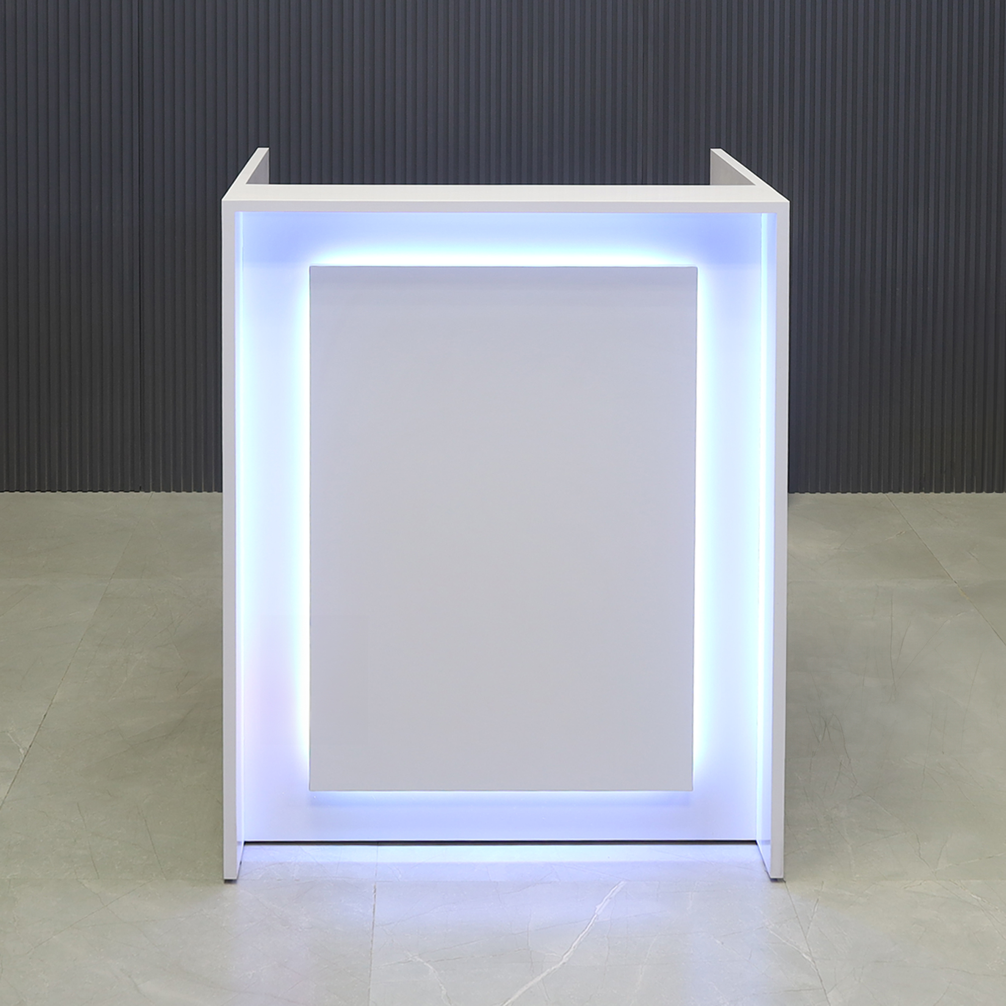 32-inch New York U-Shape Podium & Host Custom Desk in white gloss laminate desk and front panel, with multi-colored LED shown, here.
