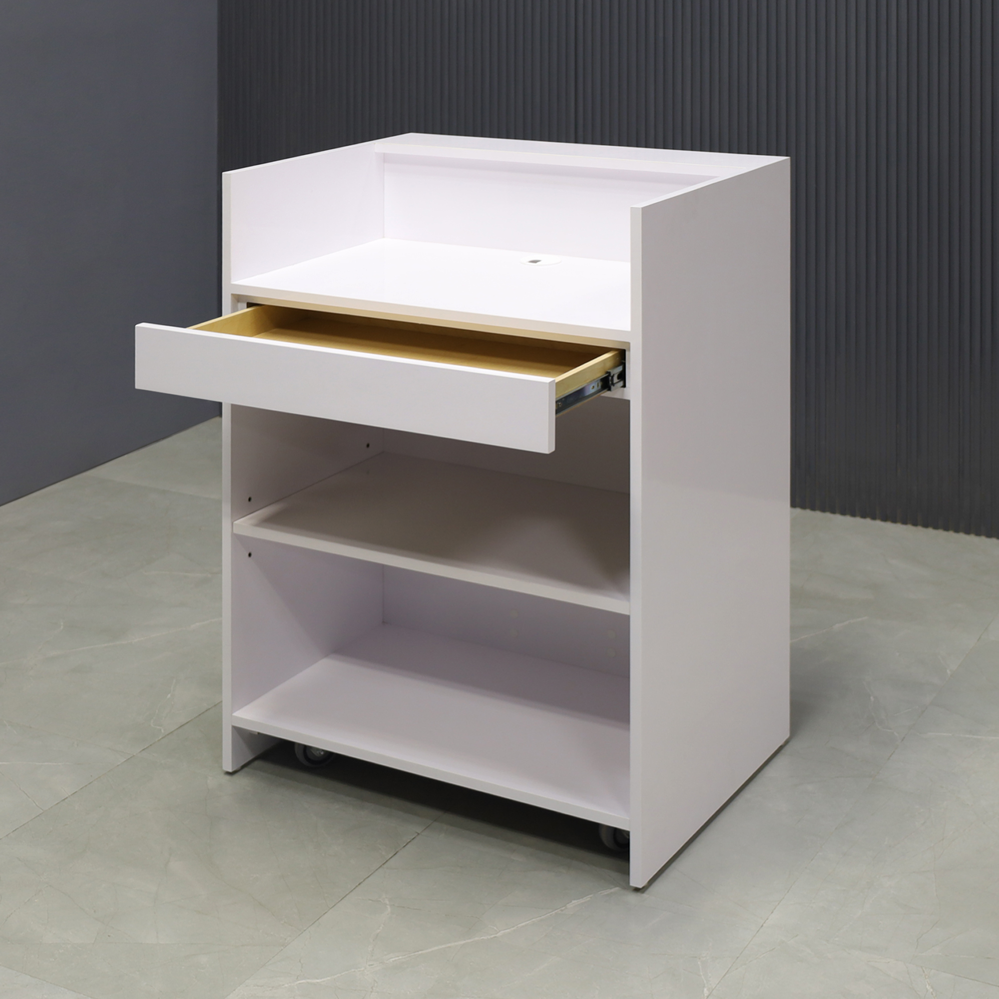 32-inch New York U-Shape Podium & Host Custom Desk with White Gloss laminate finish and Color LED.