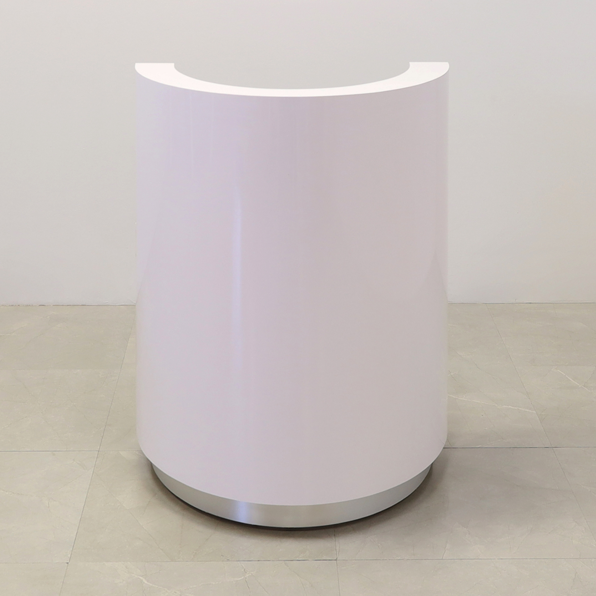 32-inch Lima Round Podium & Host Custom Desk in white gloss laminate main desk and brushed aluminum toe-kick.