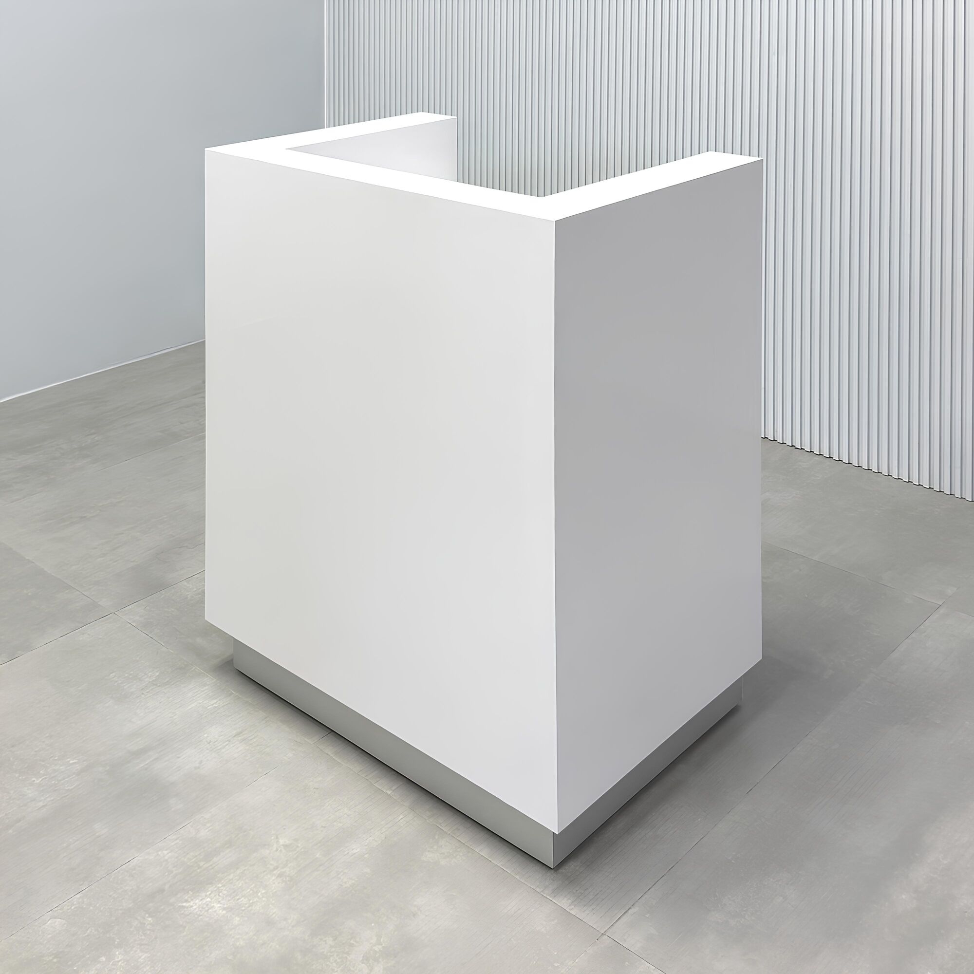 32_Dallas U-Shape Podium & Host Custom Desk with white gloss laminate main desk, white gloss laminate workspace, and brushed aluminum toe-kick.