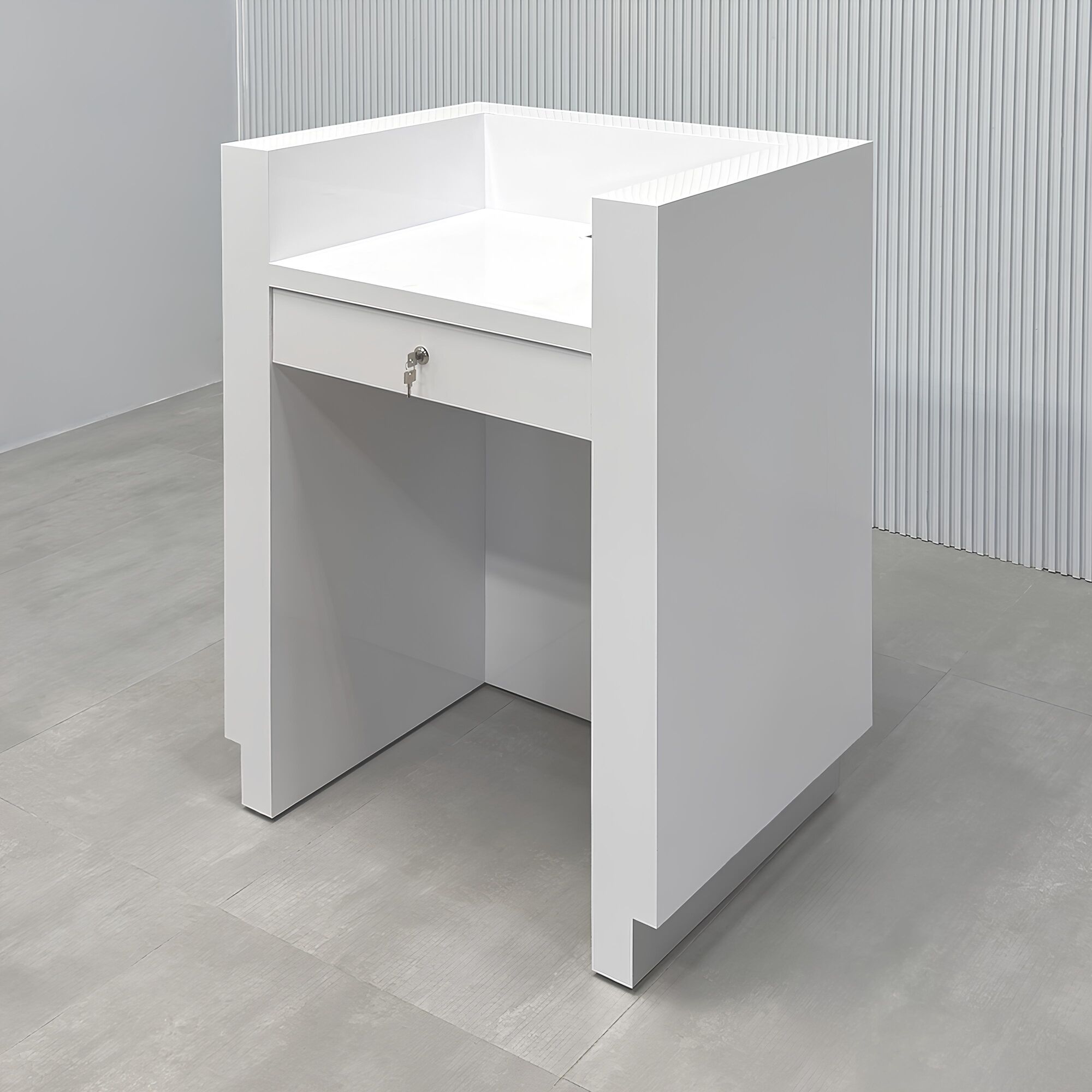 32_Dallas U-Shape Podium & Host Custom Desk with white gloss laminate main desk, white gloss laminate workspace, and brushed aluminum toe-kick.