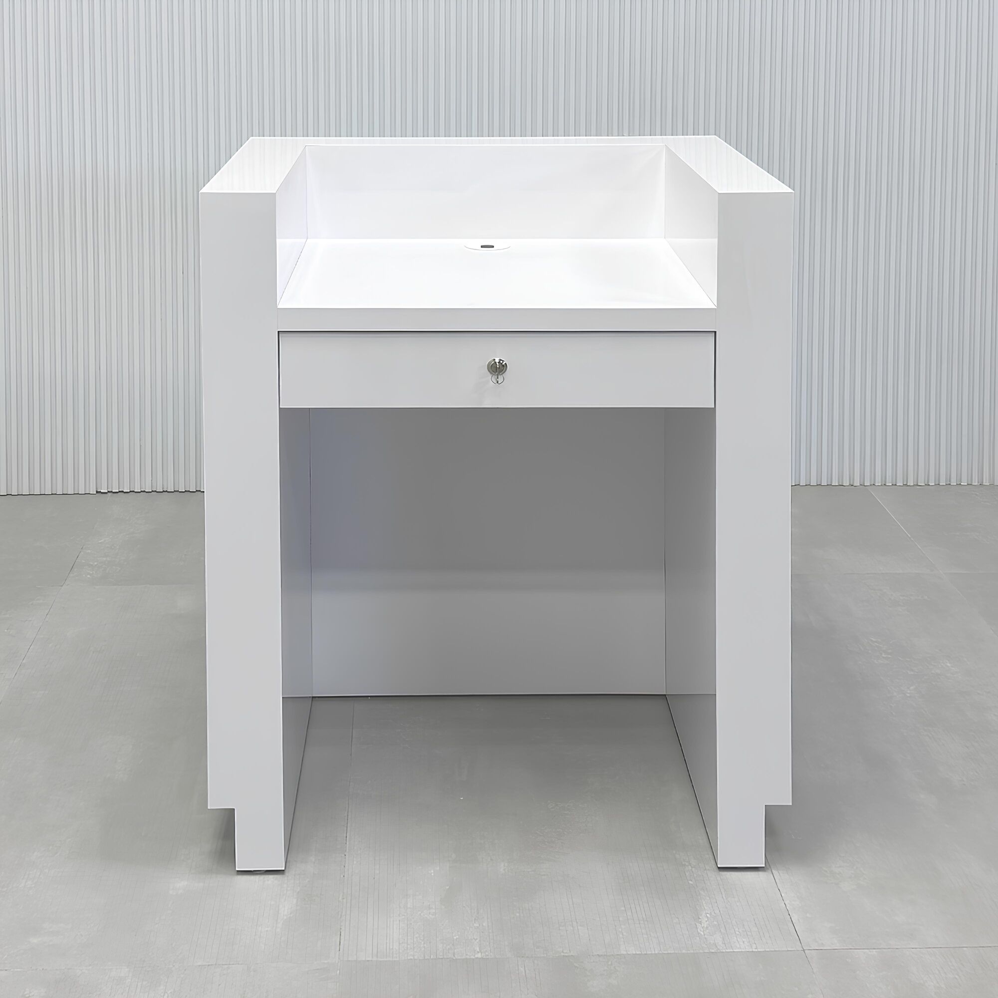 32_Dallas U-Shape Podium & Host Custom Desk with white gloss laminate main desk, white gloss laminate workspace, and brushed aluminum toe-kick.