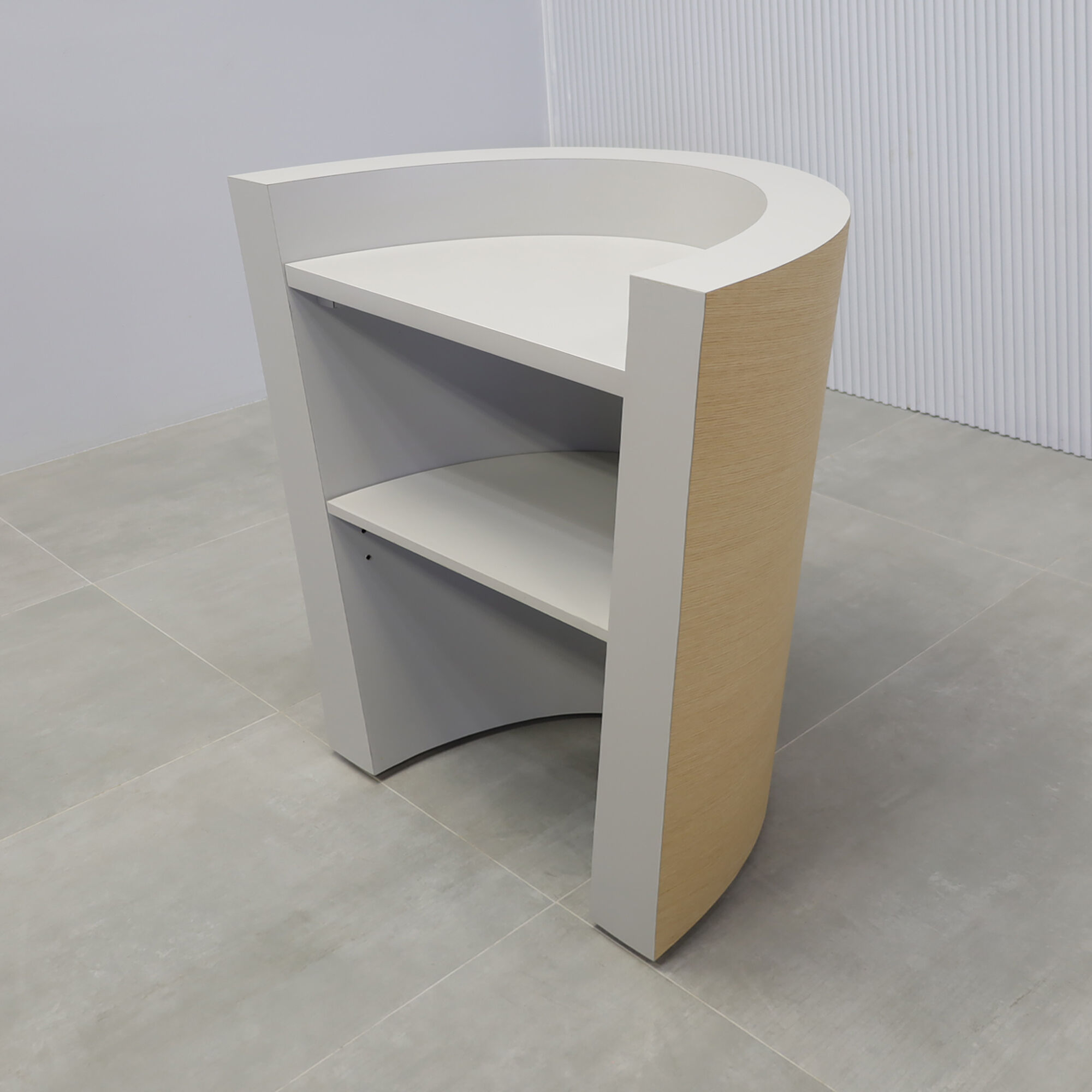 35-inch Osaka Lectern & Host Custom Desk in white oak venneer front desk, and folkstone gray matte laminate workspace.