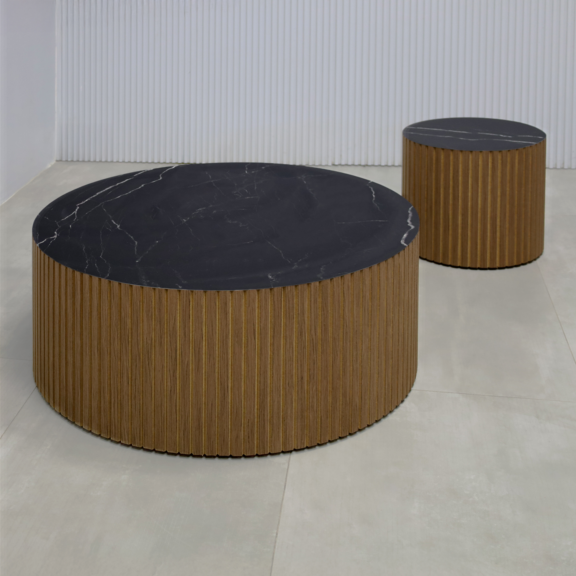 36-inch Norfolk Custom Round Lobby Table with Black Stone Palazzo laminate Top, Spiced Walnut tambour & natural background Side, and Black Stone laminate Toe-Kick.