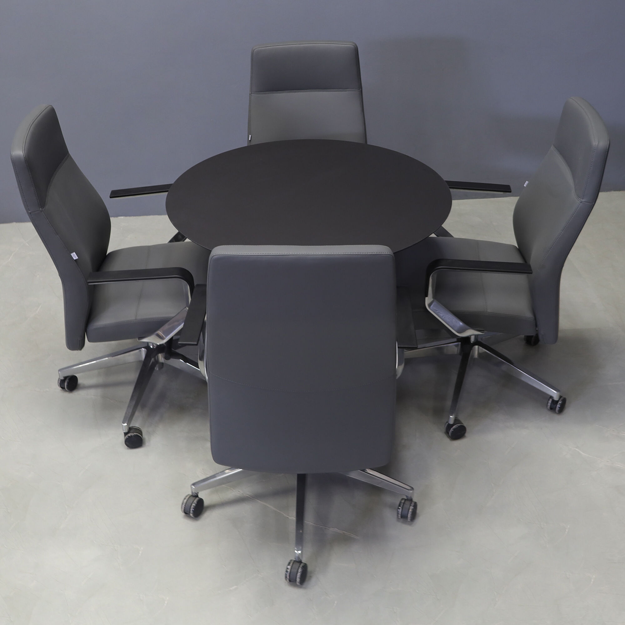 36-inch California Round Cafeteria Table in 1/2-inch black traceless engineered surface top and stainless steel base.
