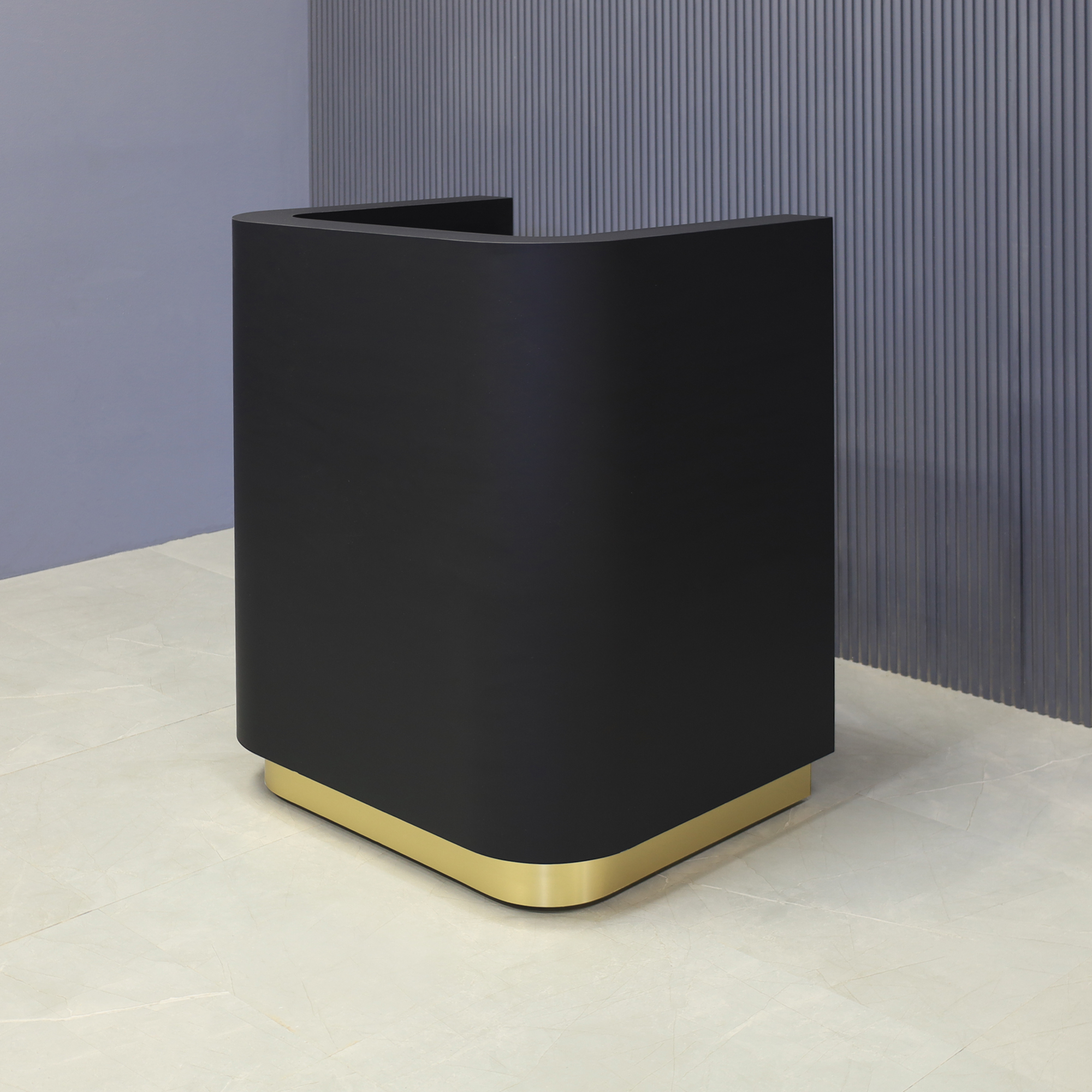36-inch Nola Podium & Host in black traceless laminate main desk and brushed gold toe-kick, shown here.