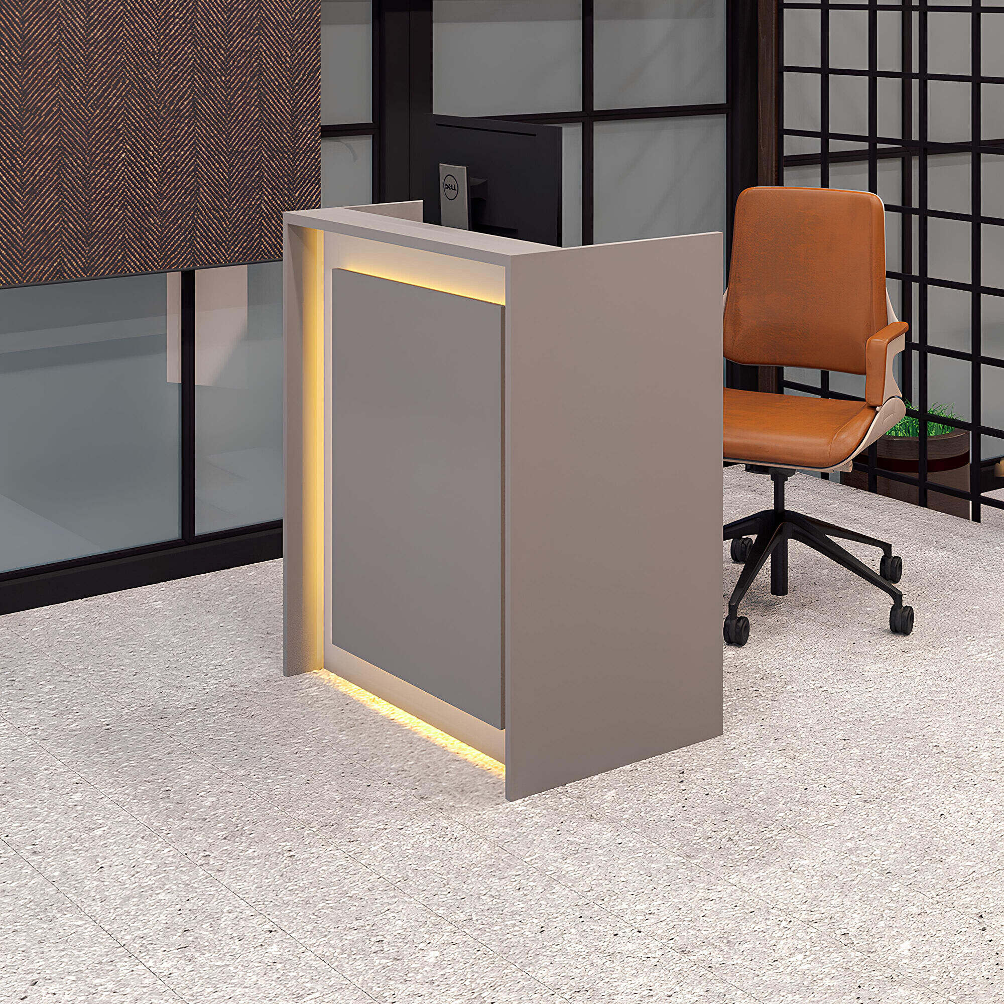 36-inch New York U-Shape Podium & Host Custom Desk in fog gray matte laminate main desk, front panel & accent recessed, and warm white LED.