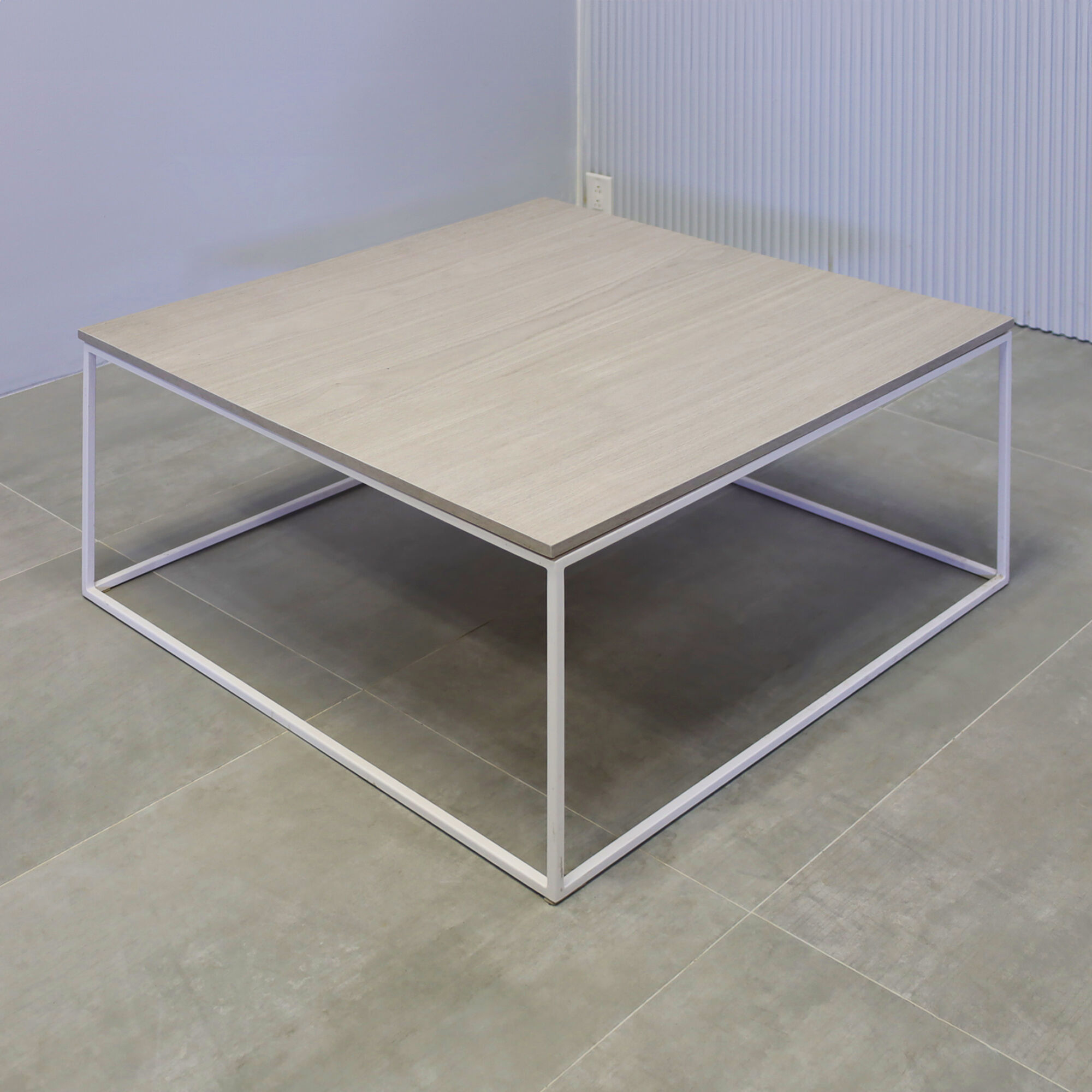 36-inch Aspen Square Lobby Table in gray oak matte PVC top, and white powder-coated metal base.