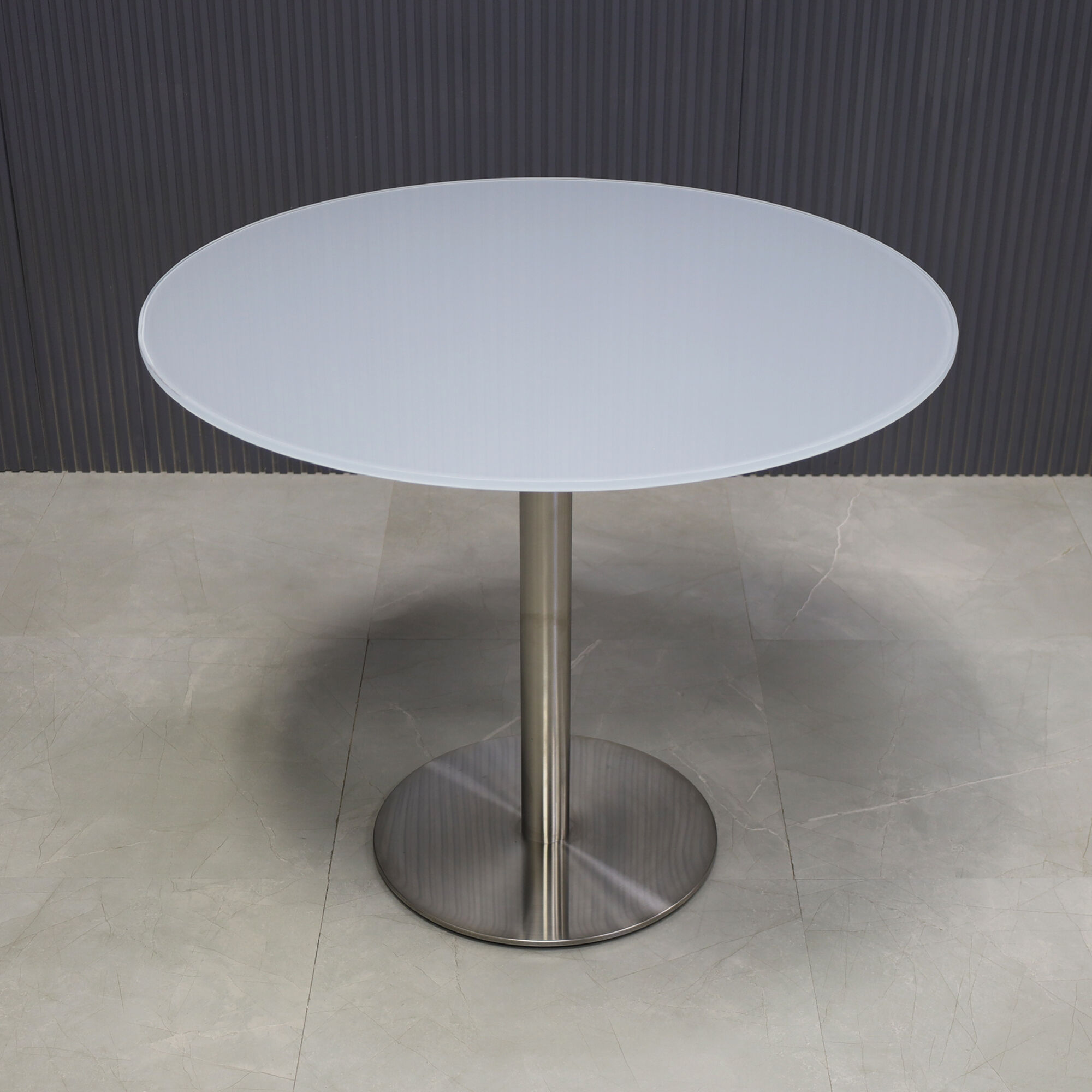 36-inch California Round Conference Table with 1/2-inch light gray tempered glass top and silver metal powder-coated base.