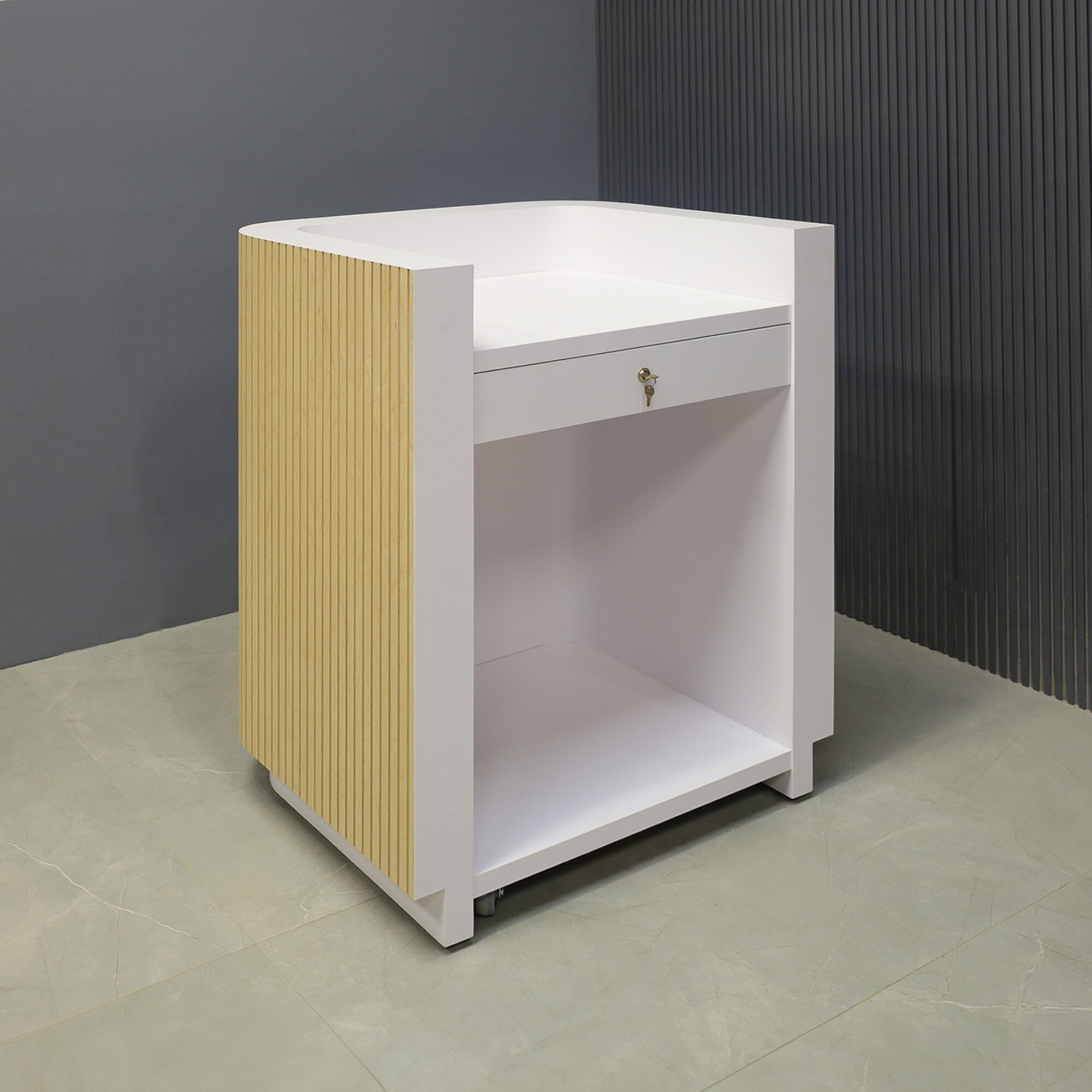 36-inch Nola Podium & Host Custom Desk in maple tambour main desk, and white matte laminate workspace & toe-kick. Built-in pencil drawer with lock, fixed shelf, and set of wheels.