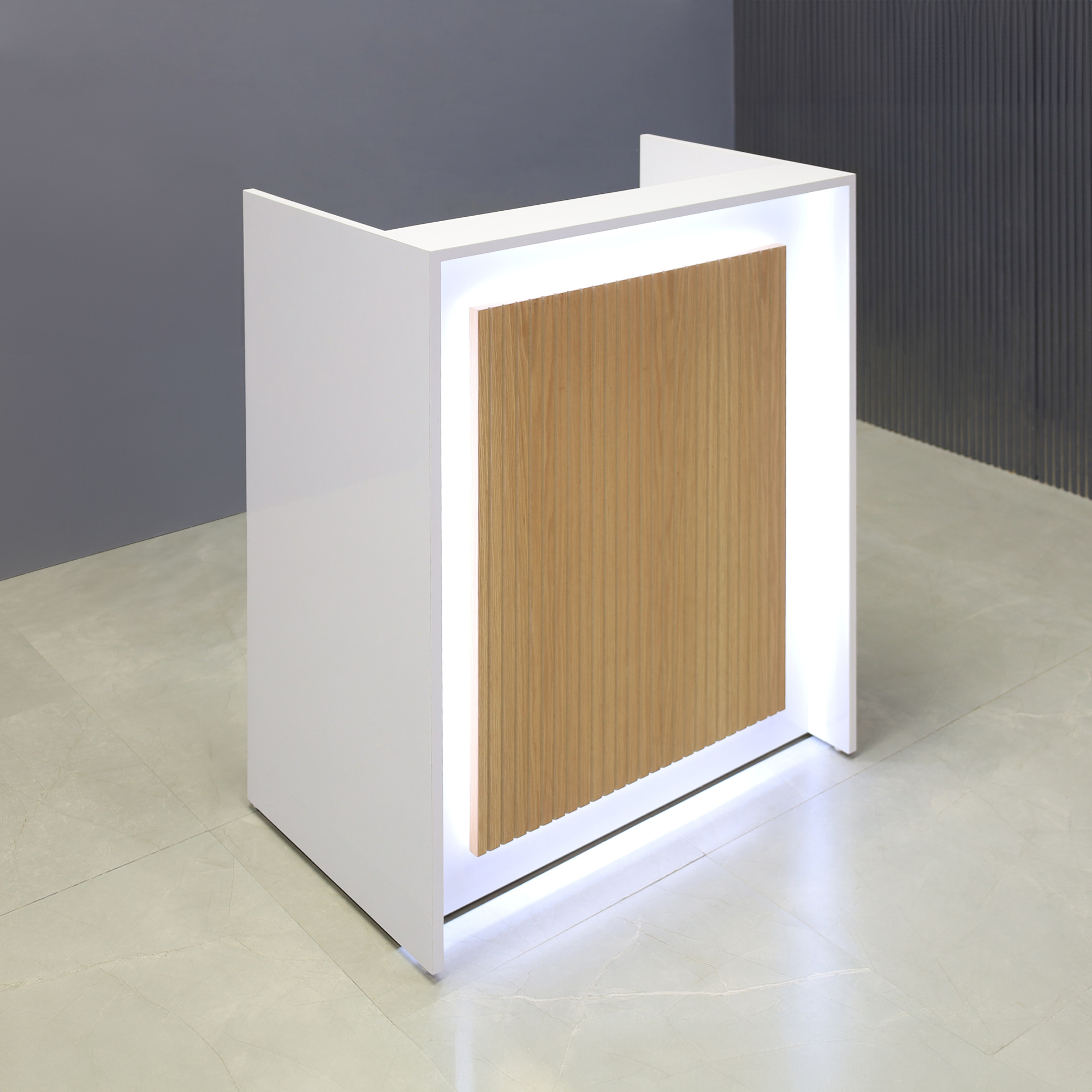 36-inch New York U-Shape Podium & Host Custom Desk with white gloss laminate desk & counter, white oak veneer tambour accent, and warm white LED.