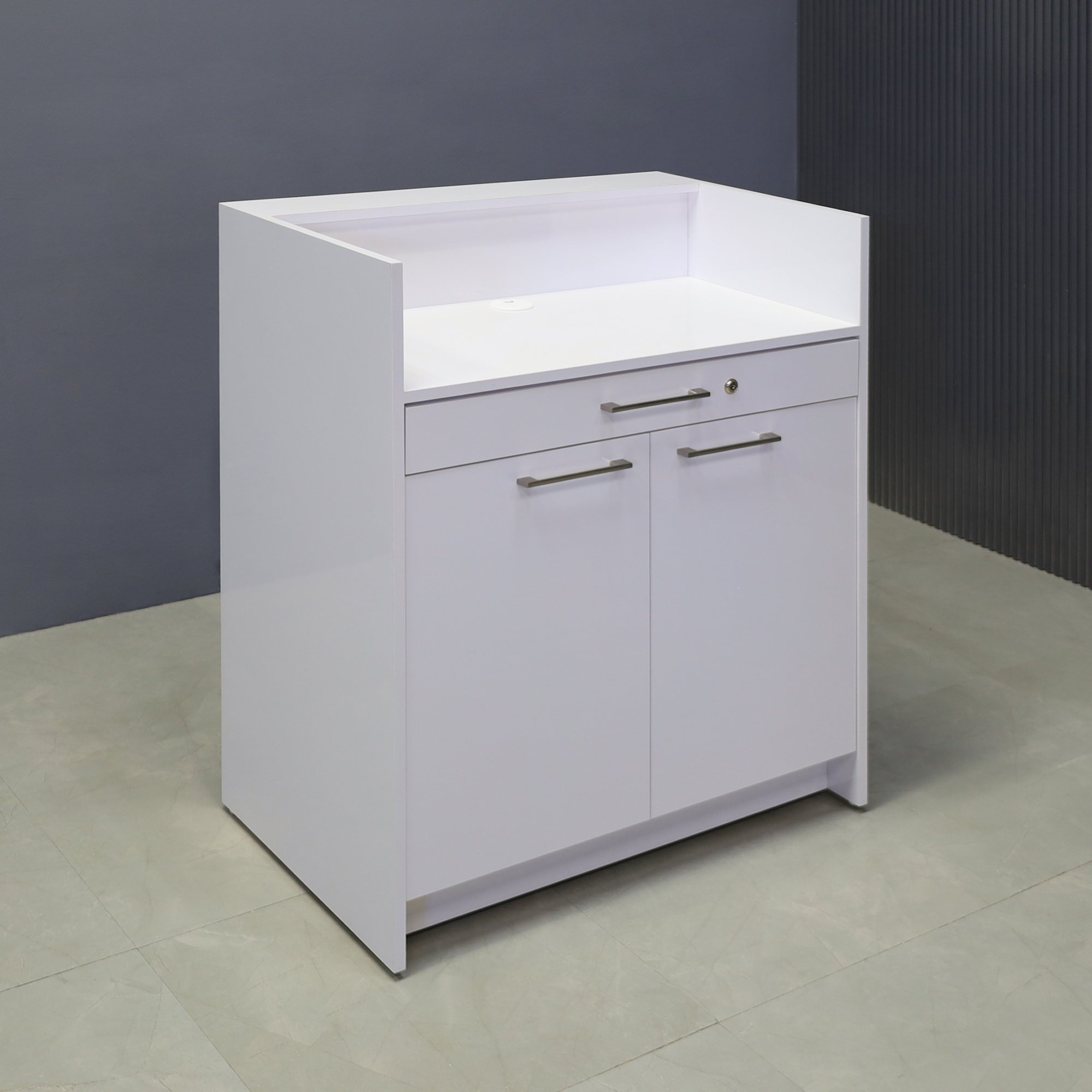 36-inch New York U-Shape Podium & Host Custom Desk with White Gloss laminate desk & counter, and White Oak veneer tambour accent.