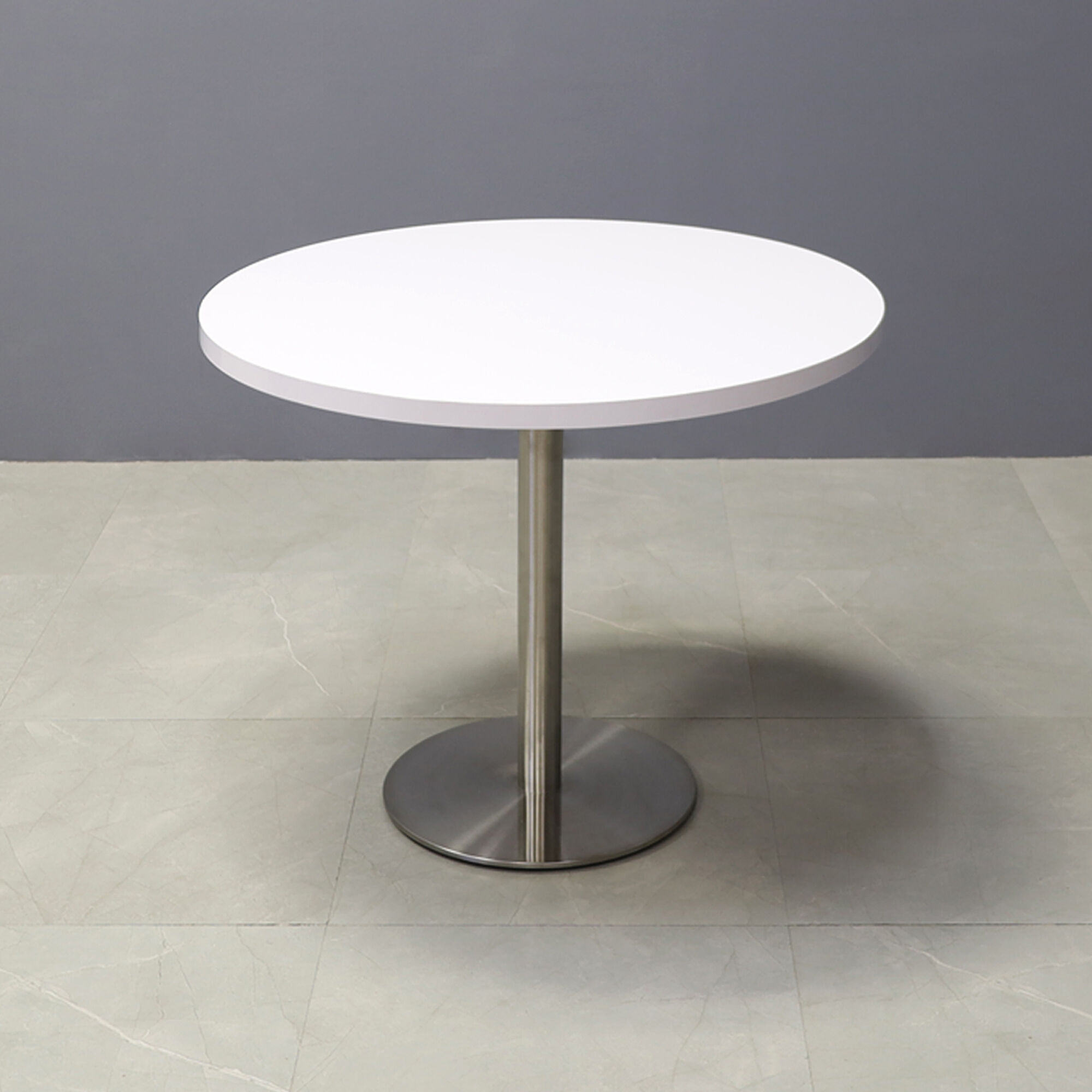 36-inch California Round Cafeteria Table in white gloss laminate top and stainless steel base.