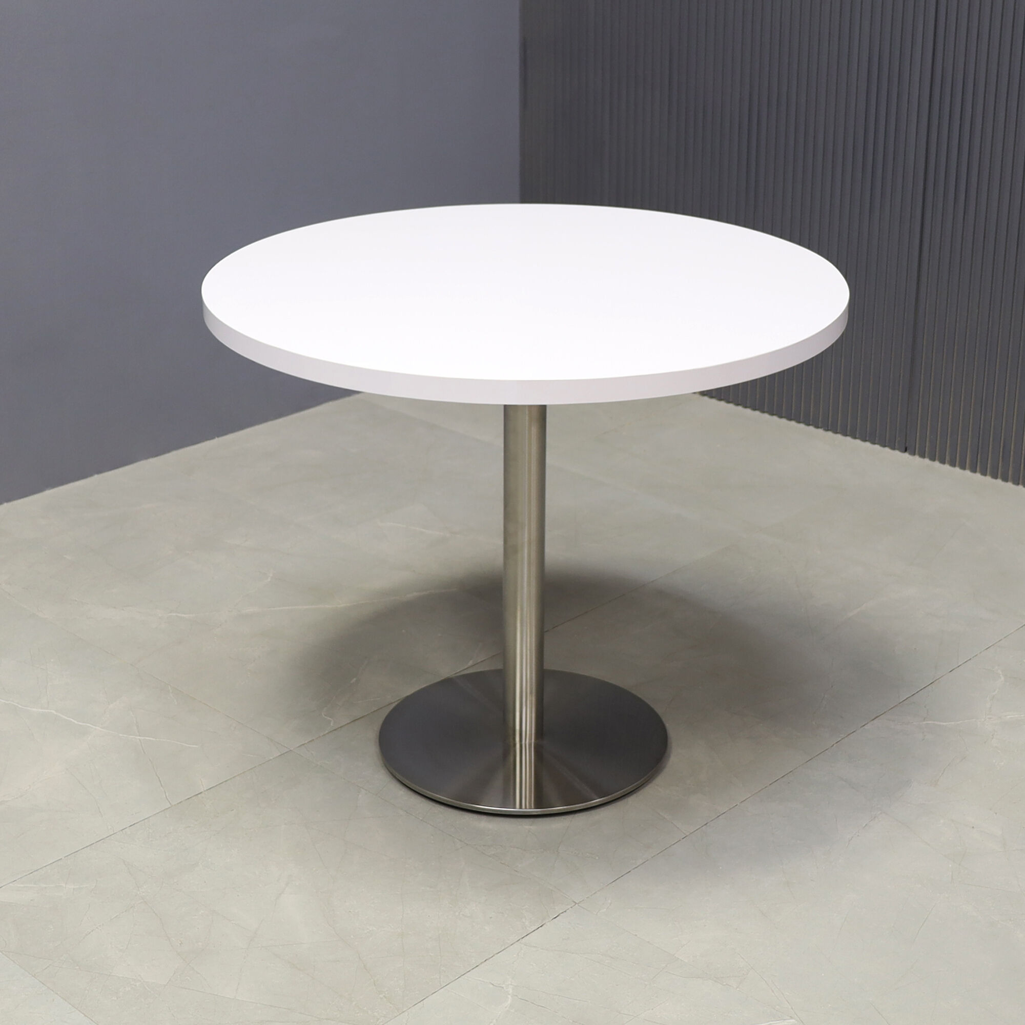 36-inch California Round Cafeteria Table in white gloss laminate top and stainless steel base.