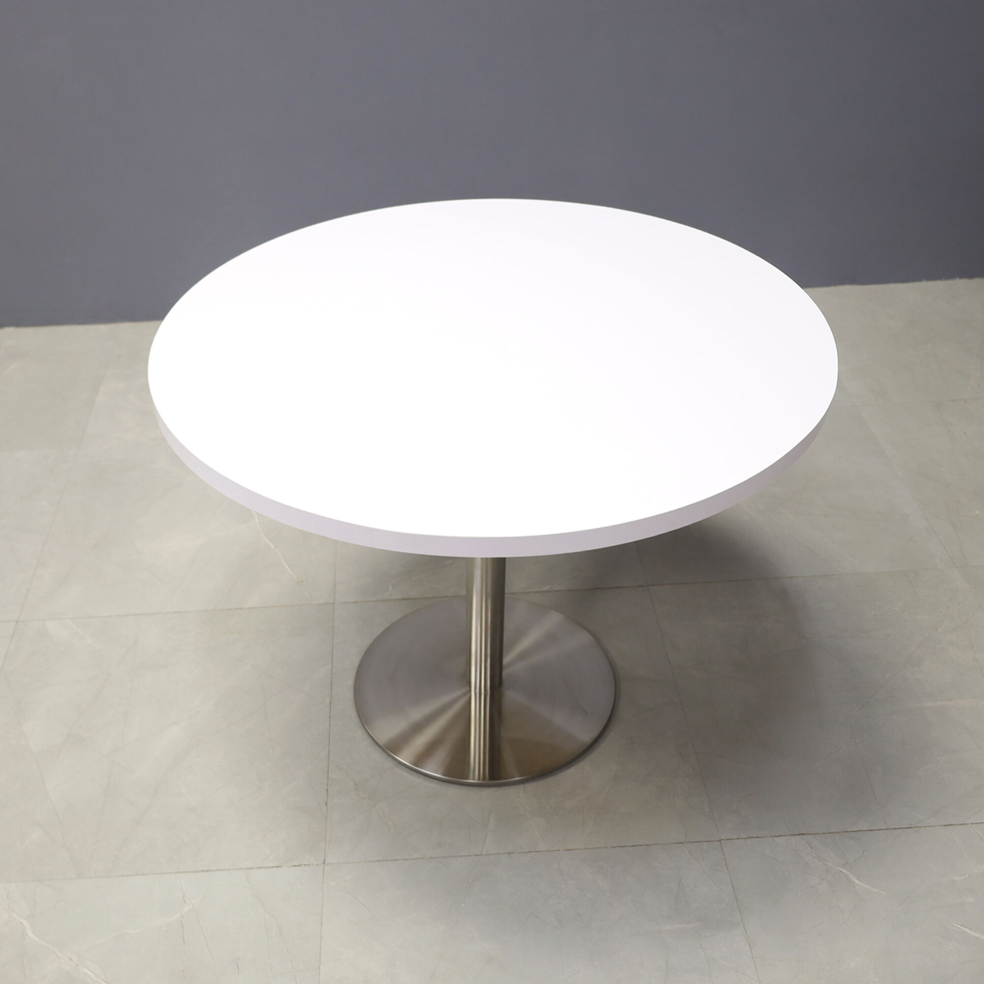 36-inch California Round Cafeteria Table in white gloss laminate top and stainless steel base.