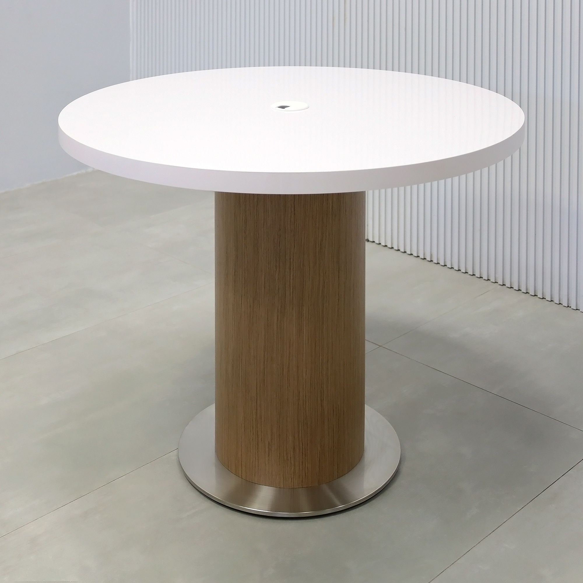 36-inch Newton Round Conference Table with White Gloss laminate top, Spiced Walnut wood veneer pedestal, and silver metal powder-coated base.