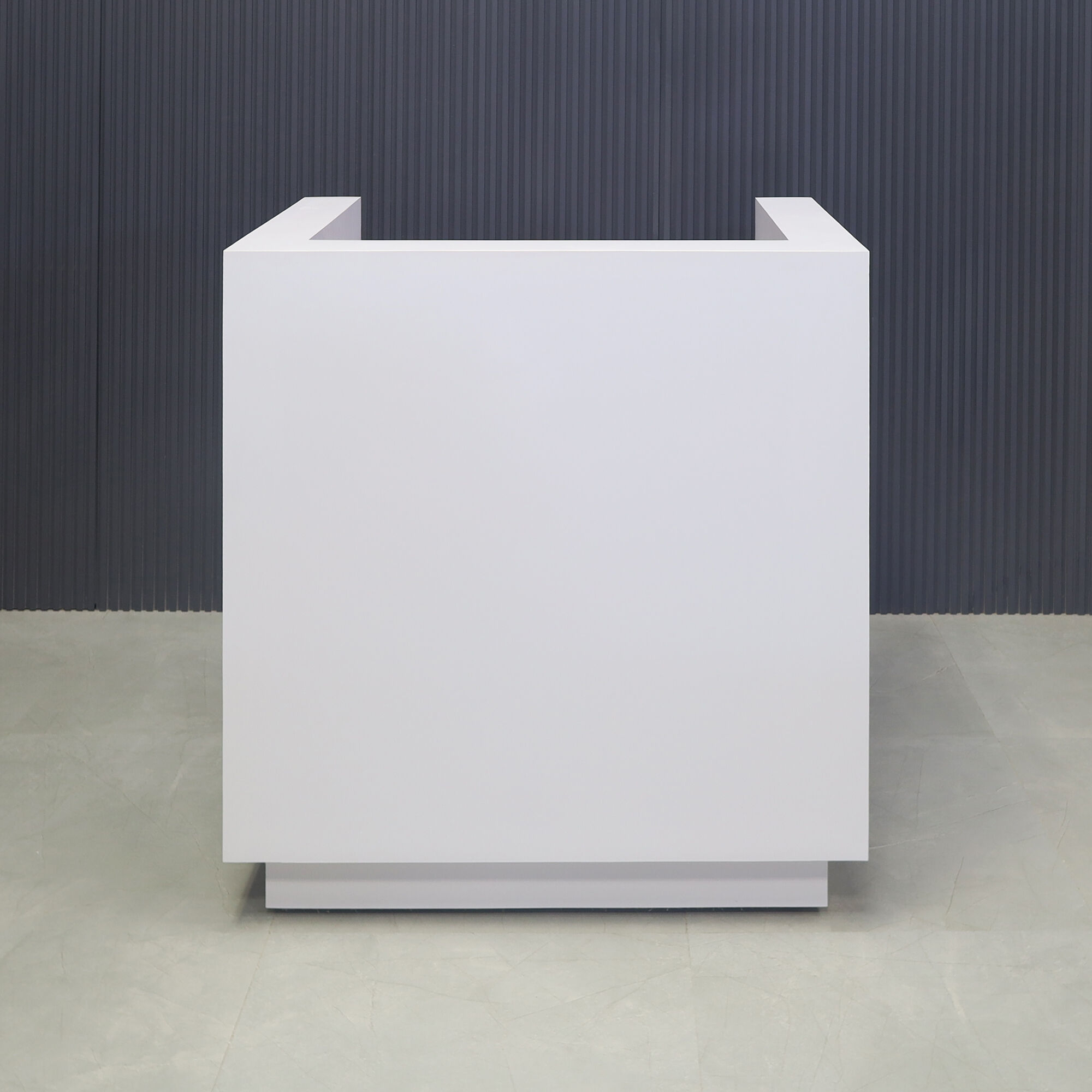 36-inch Dallas U-Shape Podium & Host in white matte laminate main desk and toe-kick.