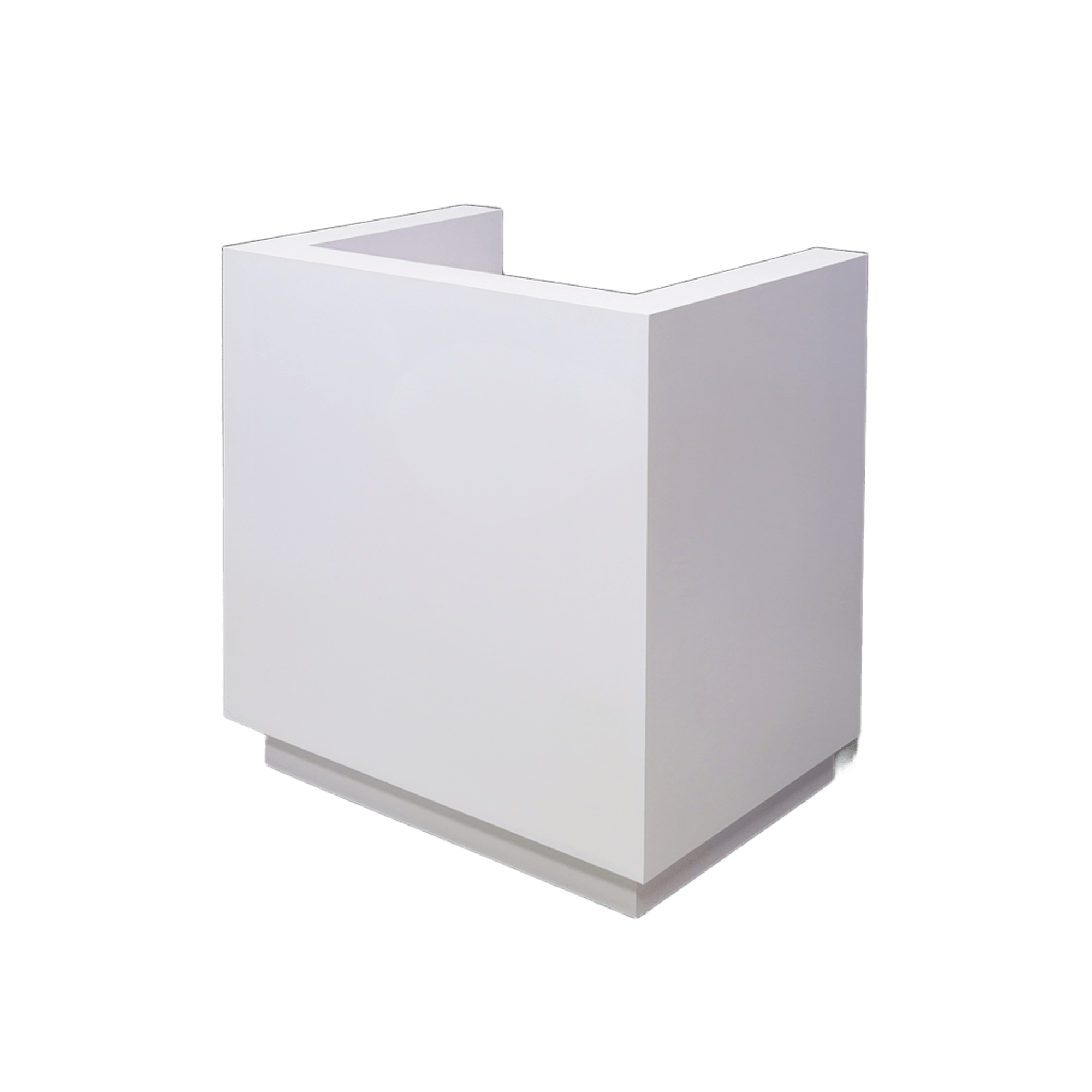 36-inch Dallas U-Shape Podium & Host in white matte laminate main desk and toe-kick.