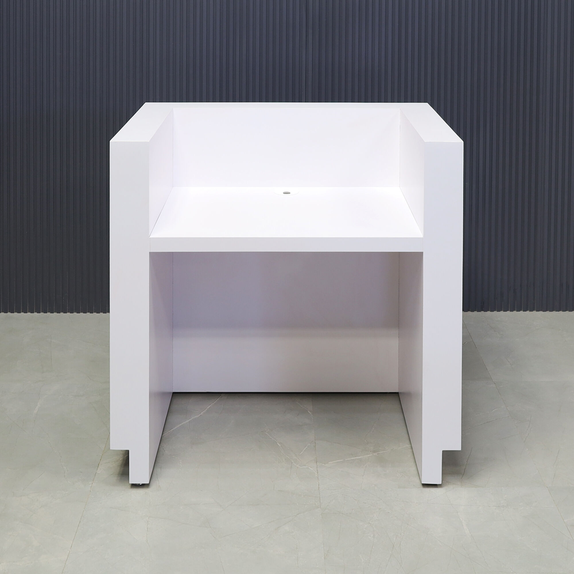 36-inch Dallas U-Shape Podium & Host in white matte laminate main desk and toe-kick.