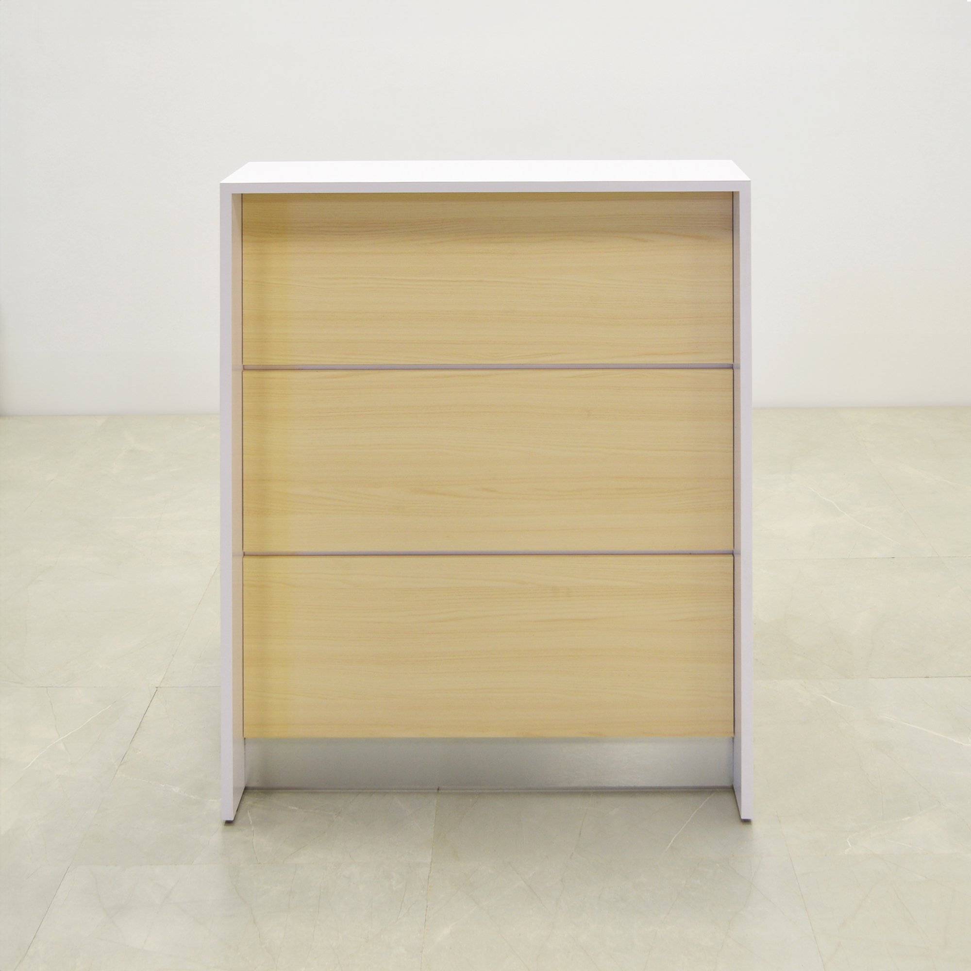 36-inch New Jersey Podium & Host Reception Desk in white gloss laminate desk, natural ash matte laminate front accent panel, and brushed stainless steel toe-kick shown here.