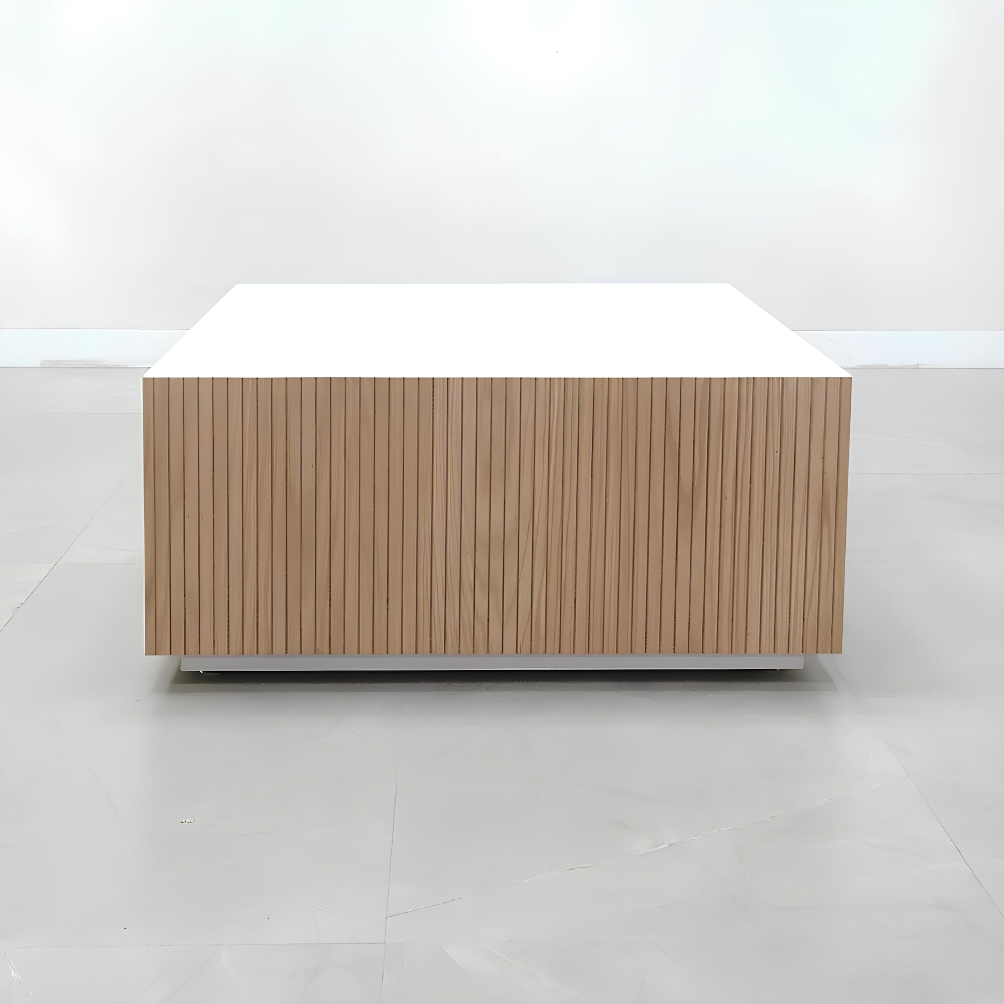 36-inch Norfolk Square Lobby Table with white matte laminate top and discontinued white oak tambour side table.