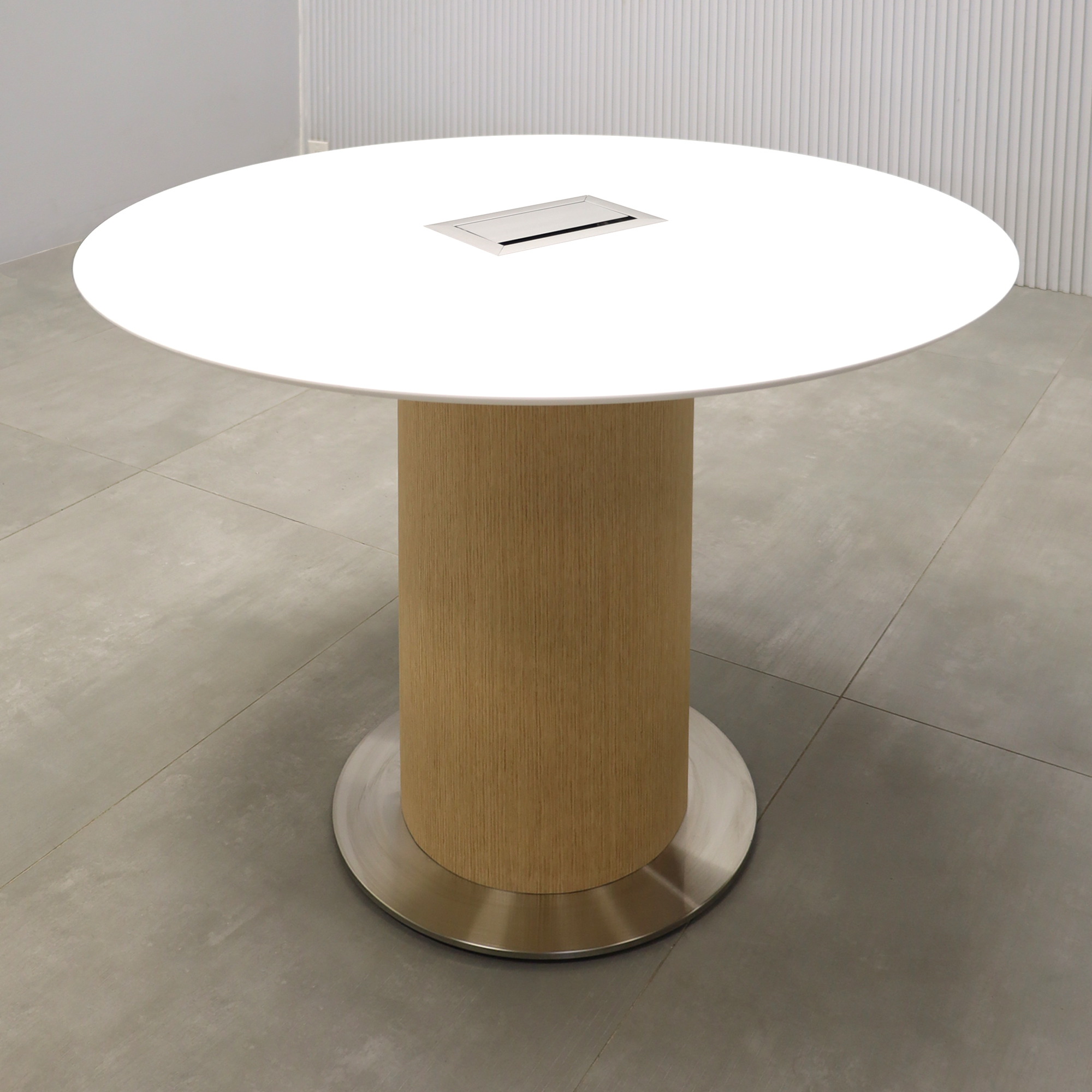36-inch Aurora Round Conference Table with White Solid EngineeredSurface Top,  White Oak Wood Veneer Pedestal, Silver Powder Coated Metal Base, and Silver Mx3.