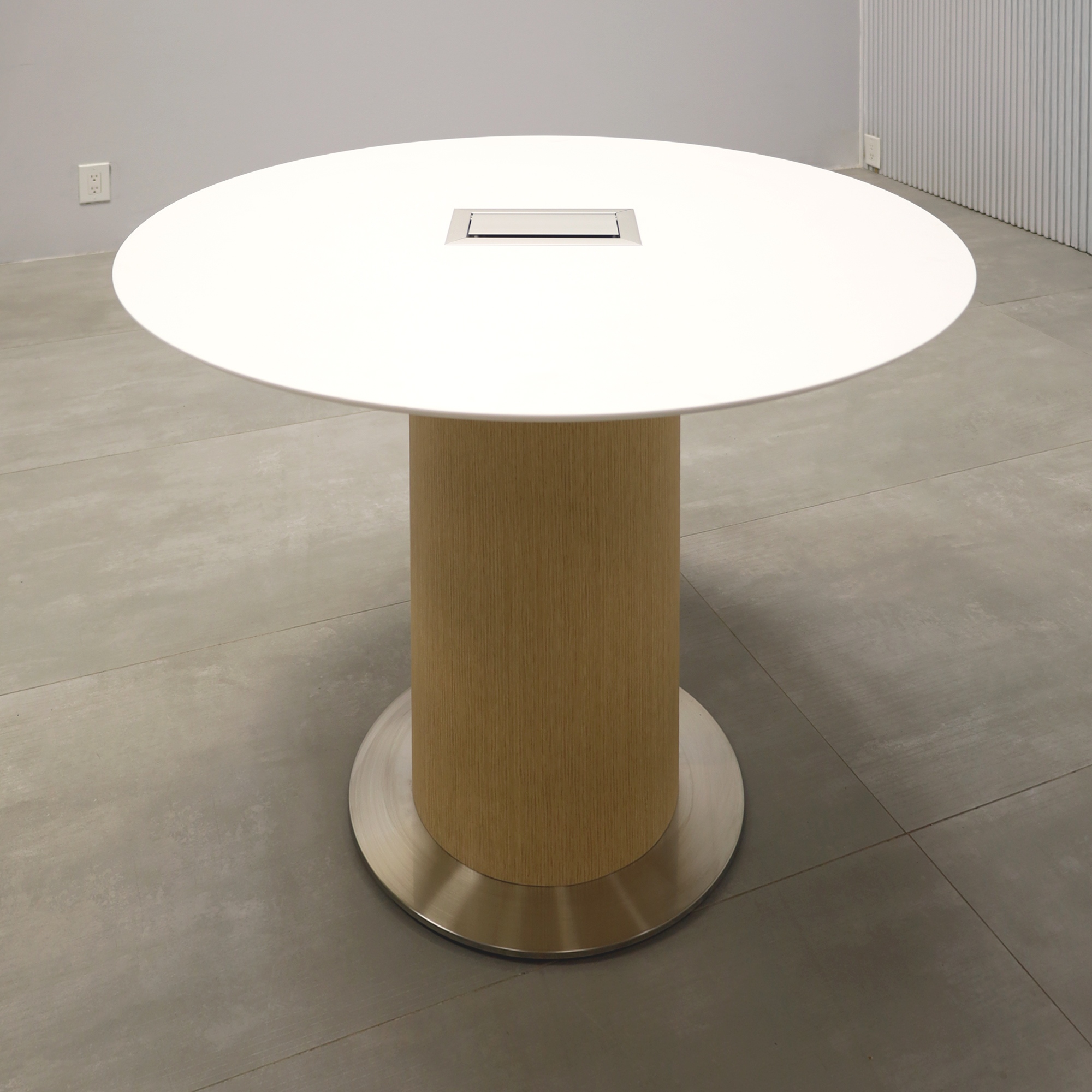 36-inch Aurora Round Conference Table with White Solid EngineeredSurface Top,  White Oak Wood Veneer Pedestal, Silver Powder Coated Metal Base, and Silver Mx3.