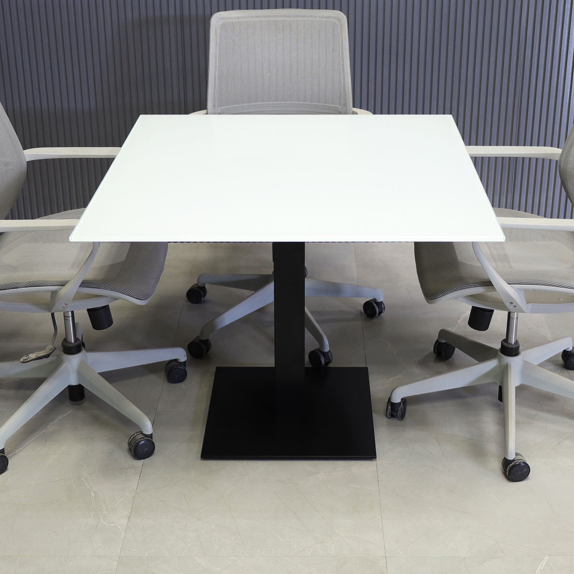 36-inch California Square Cafeteria Table with 1/2-inch white tempered glass top and metal powder-coated black base.