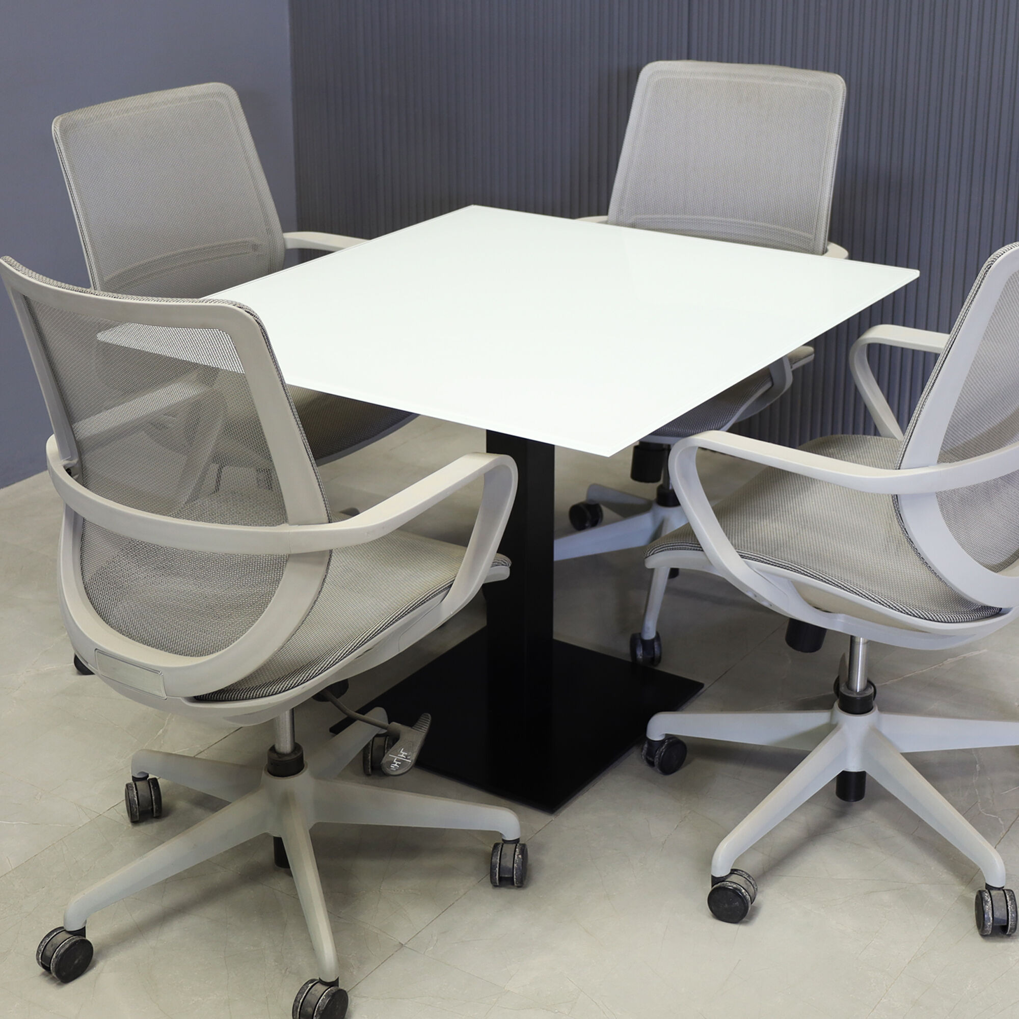 36-inch California Square Cafeteria Table with 1/2-inch white tempered glass top and metal powder-coated black base.