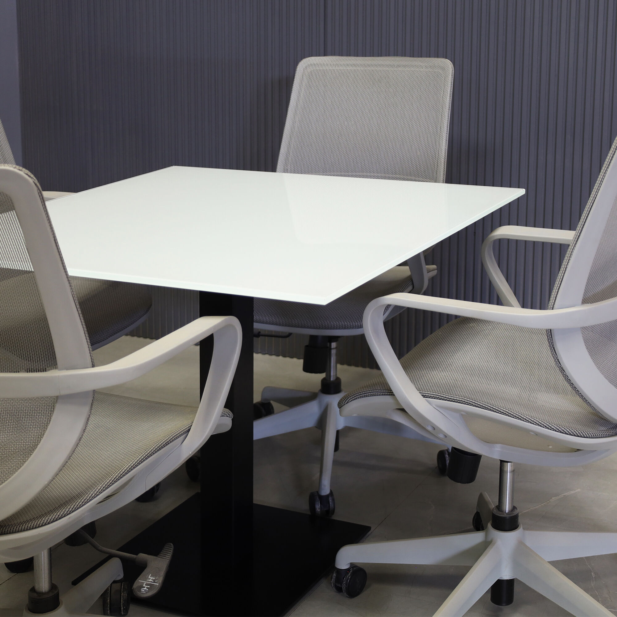 36-inch California Square Cafeteria Table with 1/2-inch white tempered glass top and metal powder-coated black base.