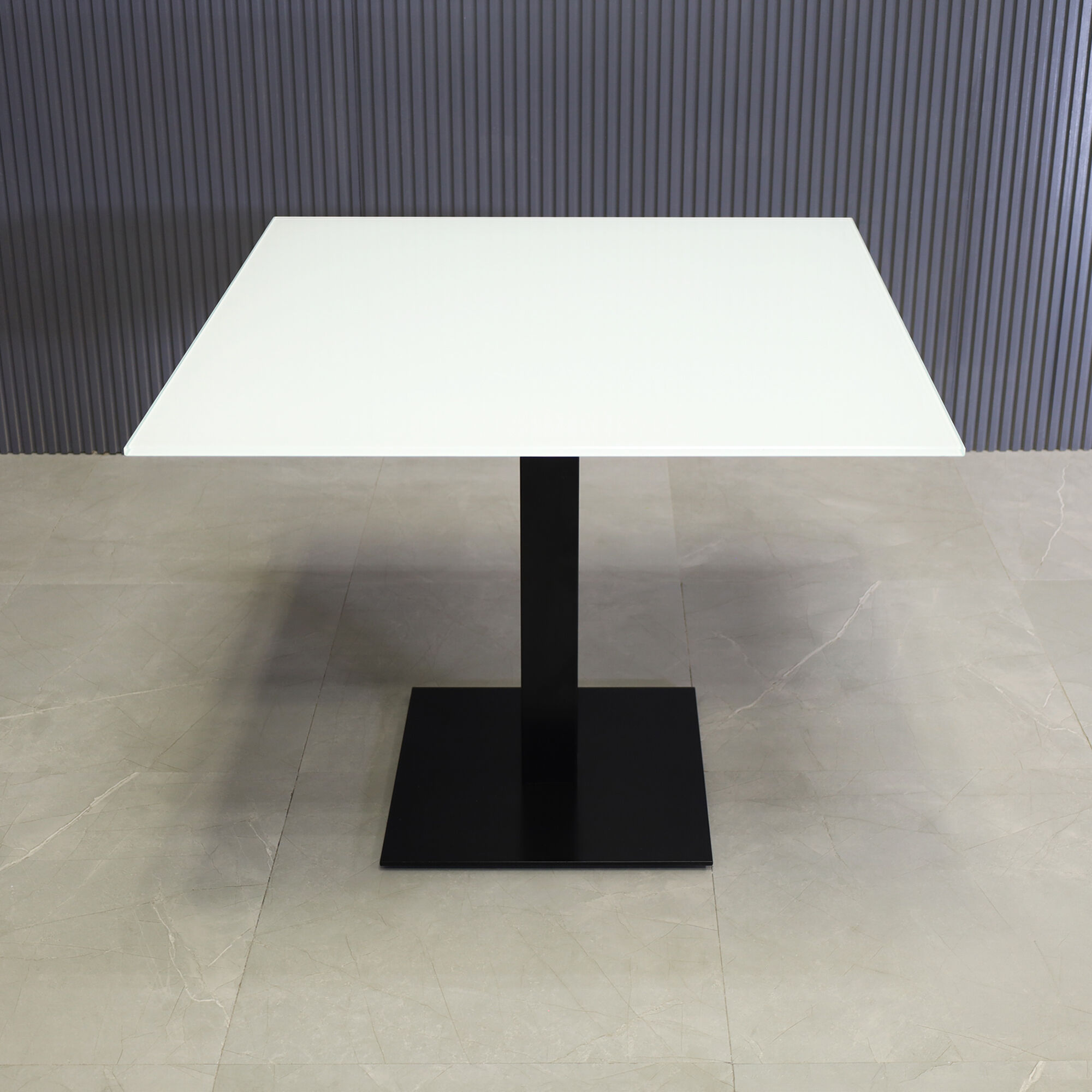 36-inch California Square Cafeteria Table with 1/2-inch white tempered glass top and metal powder-coated black base.