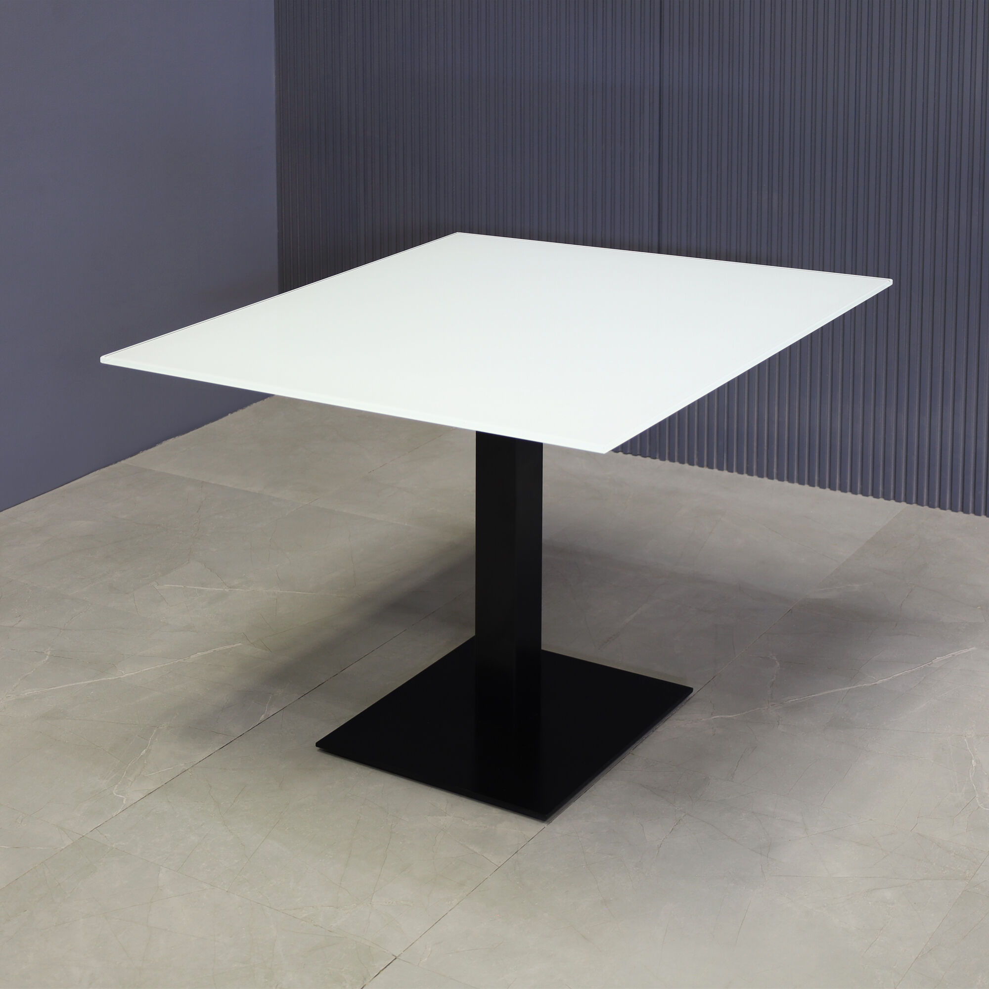36-inch California Square Cafeteria Table with 1/2-inch white tempered glass top and metal powder-coated black base.