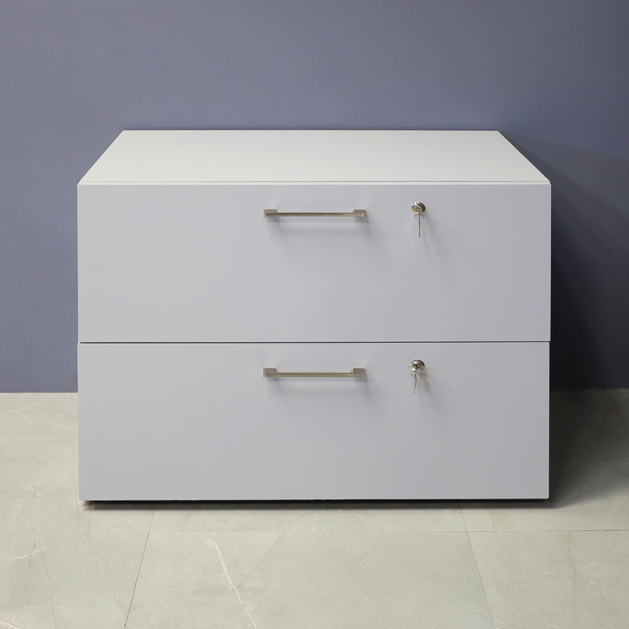 Naples Lateral File Cabinet in folkstone gray matte laminate, shown here.