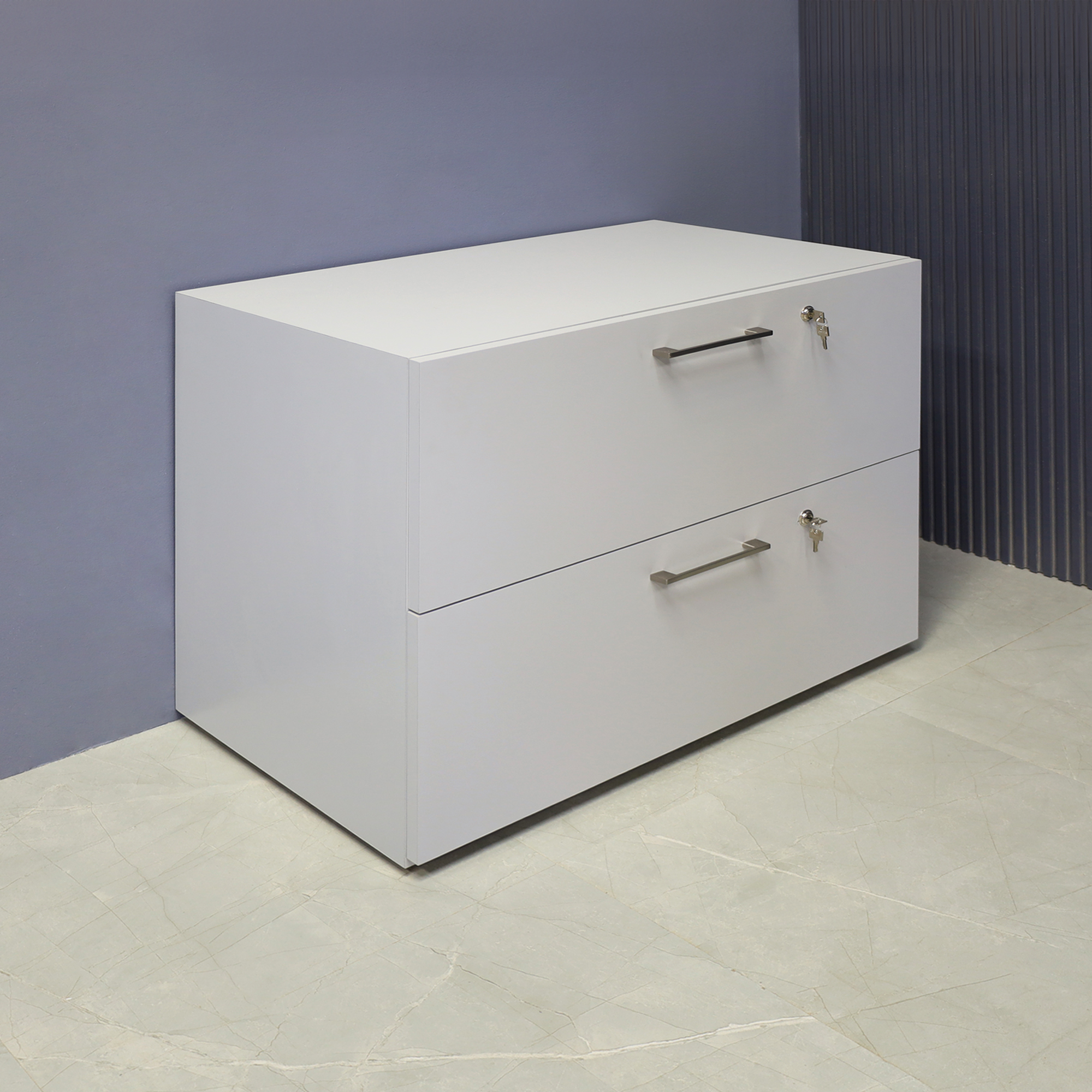 Naples Lateral File Cabinet in folkstone gray matte laminate, shown here.