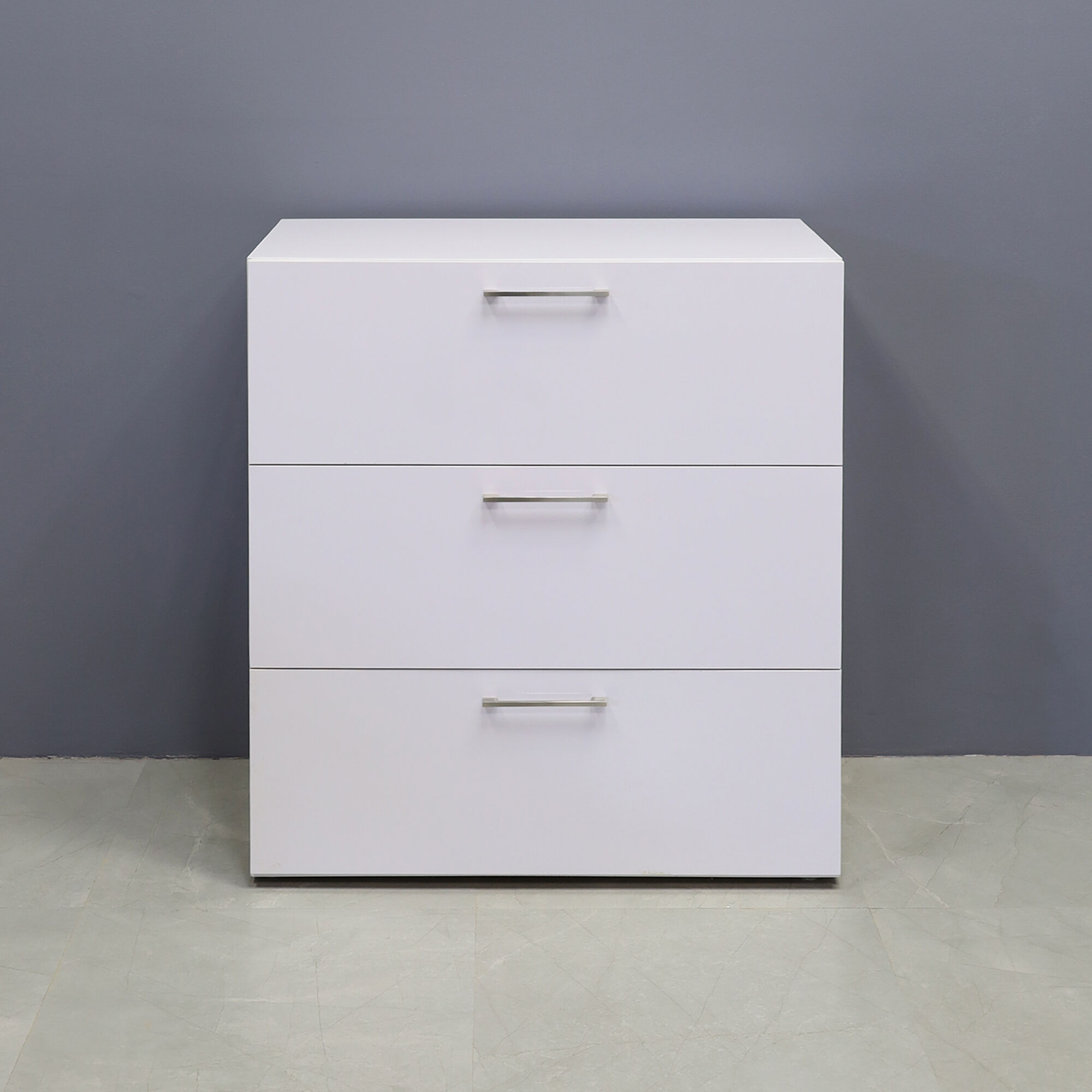 42-inch height Naples Lateral File Cabinet in white gloss laminate cabinet.